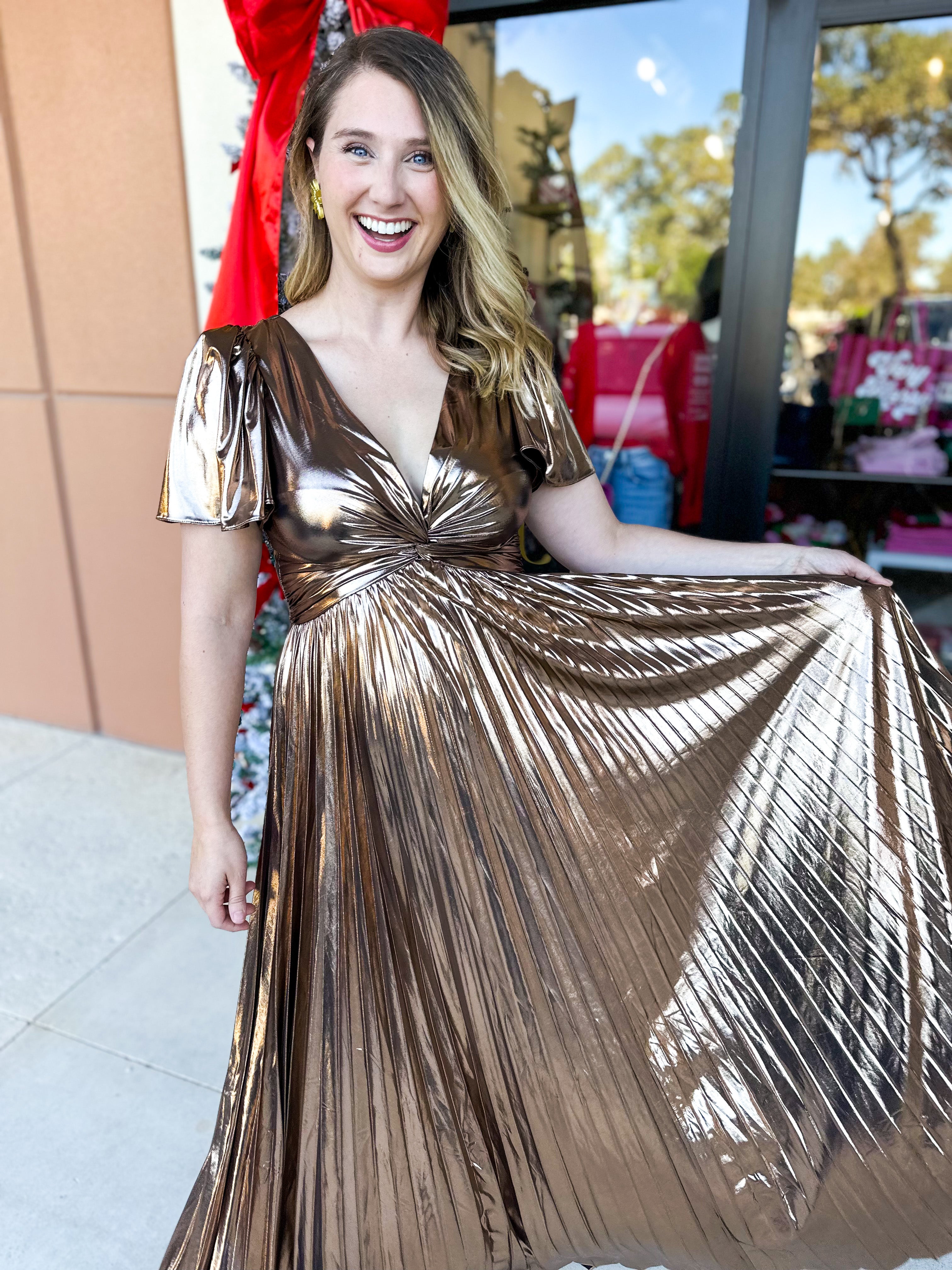 Bronze Pleated Maxi Dress-500 Midi-SKIES ARE BLUE-July & June Women's Fashion Boutique Located in San Antonio, Texas