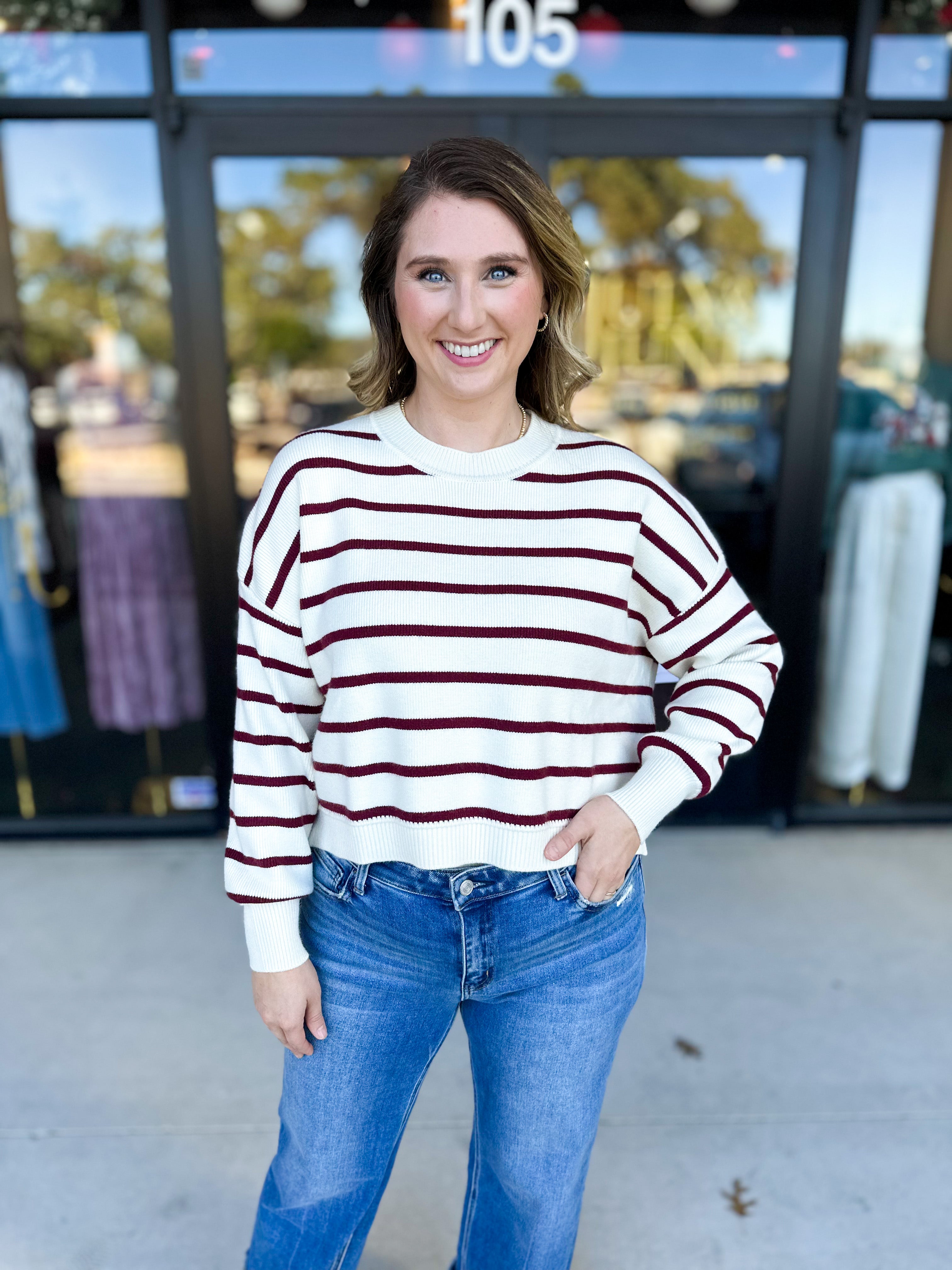 Ivory & Burgundy Sweater Top-230 Sweaters/Cardis-SKIES ARE BLUE-July & June Women's Fashion Boutique Located in San Antonio, Texas