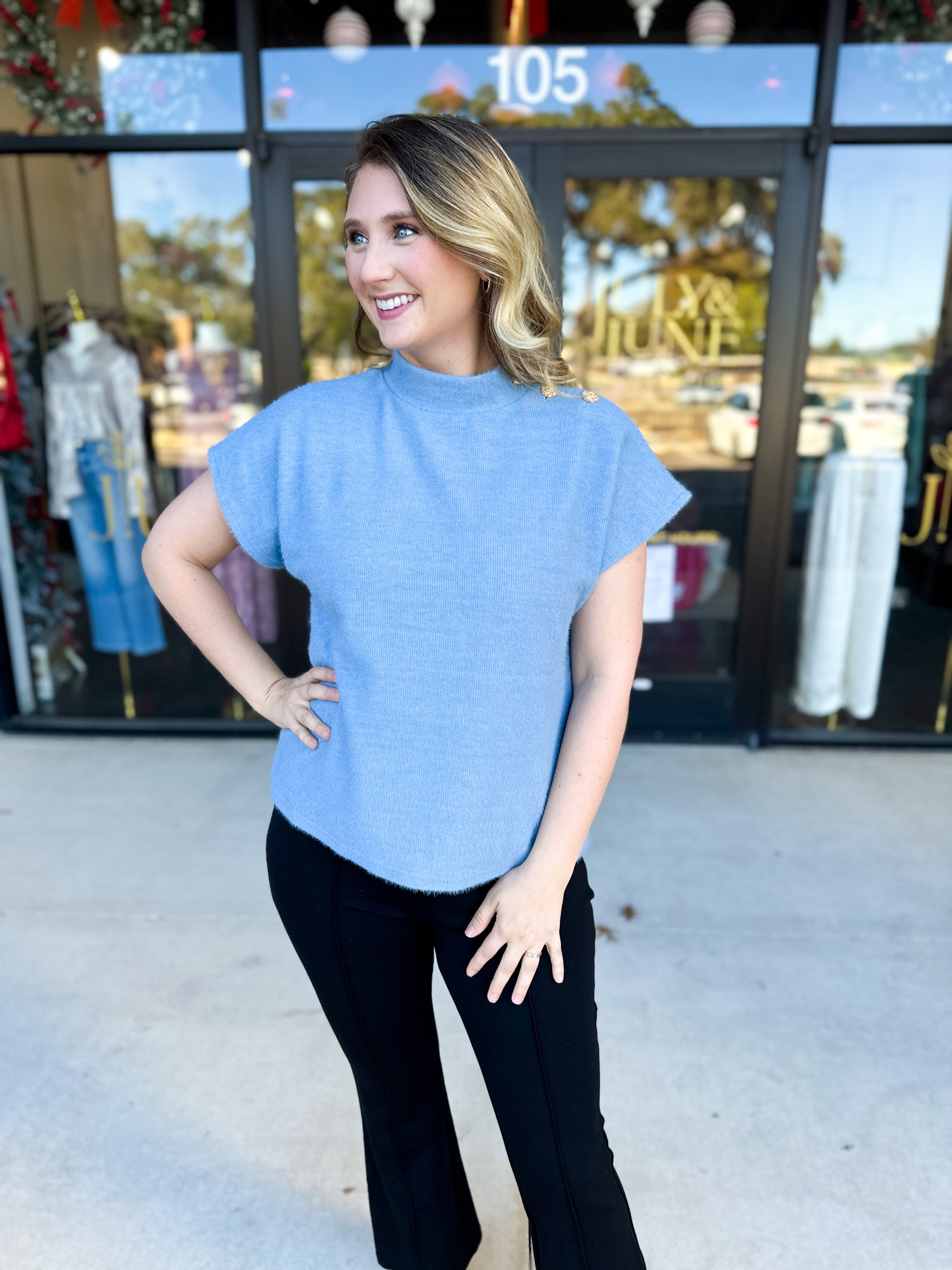 THML - Mock Neck Fuzzy Sweater Top - Ice Blue-230 Sweaters/Cardis-THML-July & June Women's Fashion Boutique Located in San Antonio, Texas