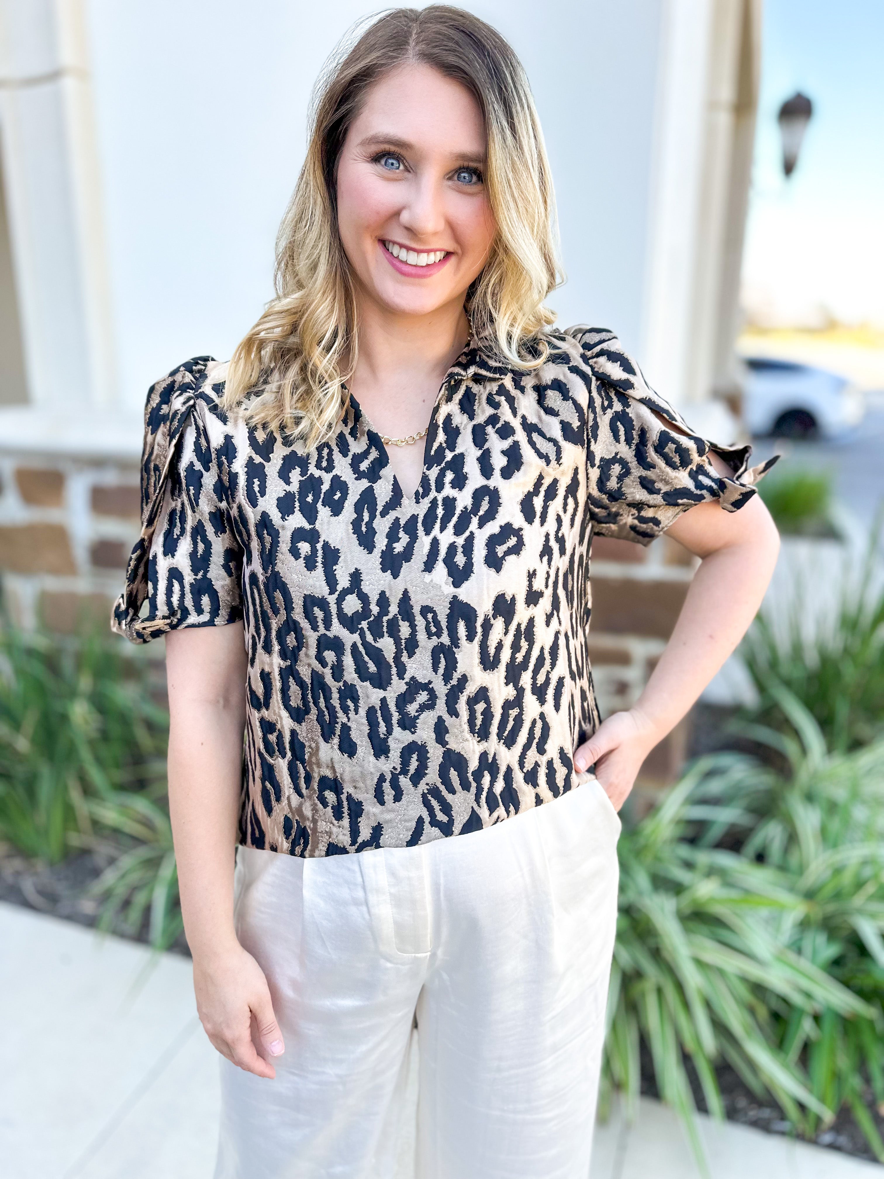 THML - Metallic Cheetah Blouse-200 Fashion Blouses-THML-July & June Women's Fashion Boutique Located in San Antonio, Texas
