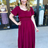 Elegant Burgundy Midi Dress-500 Midi-POLOGRAM-July & June Women's Fashion Boutique Located in San Antonio, Texas