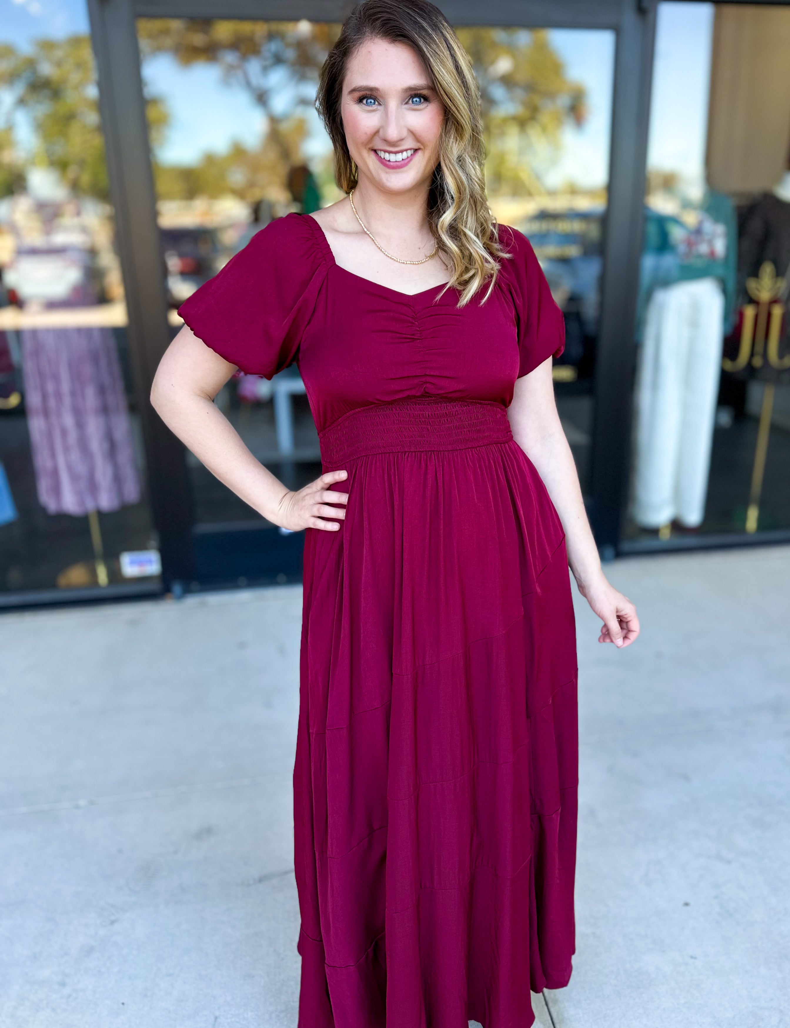 Elegant Burgundy Midi Dress-500 Midi-POLOGRAM-July & June Women's Fashion Boutique Located in San Antonio, Texas