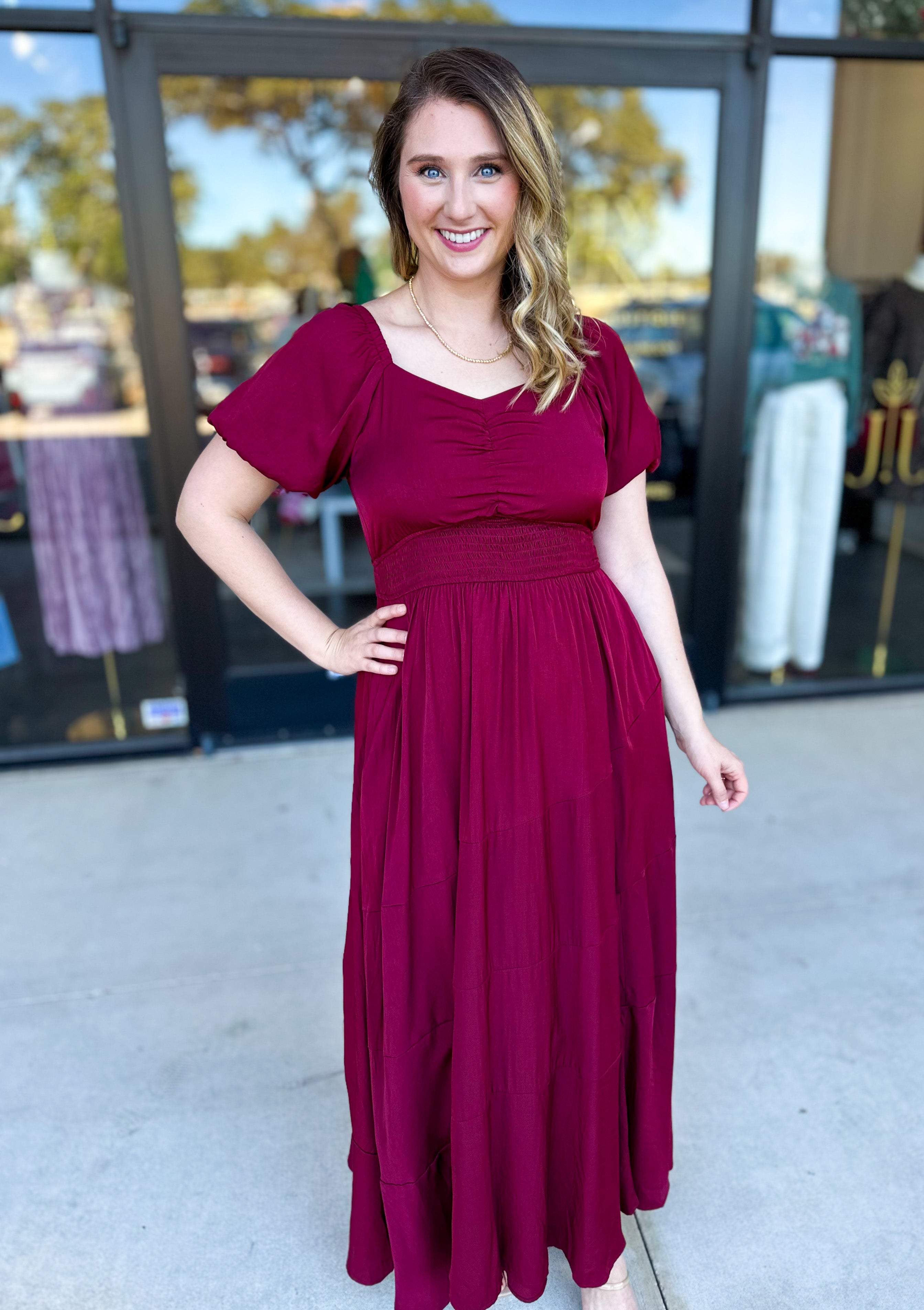 Elegant Burgundy Midi Dress-500 Midi-POLOGRAM-July & June Women's Fashion Boutique Located in San Antonio, Texas