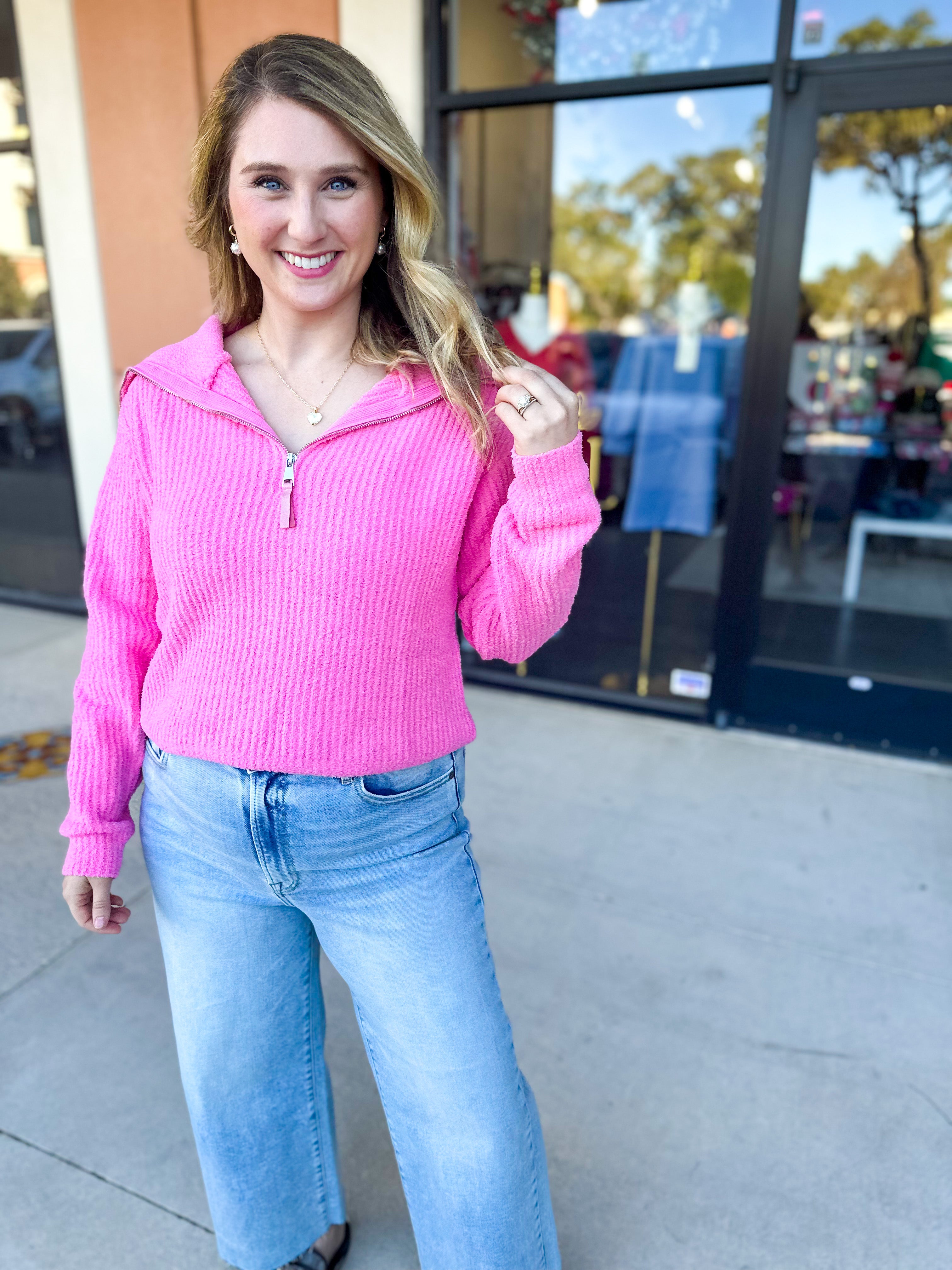 Bubblegum Pink Zip Sweater Top-230 Sweaters/Cardis-ALLIE ROSE-July & June Women's Fashion Boutique Located in San Antonio, Texas