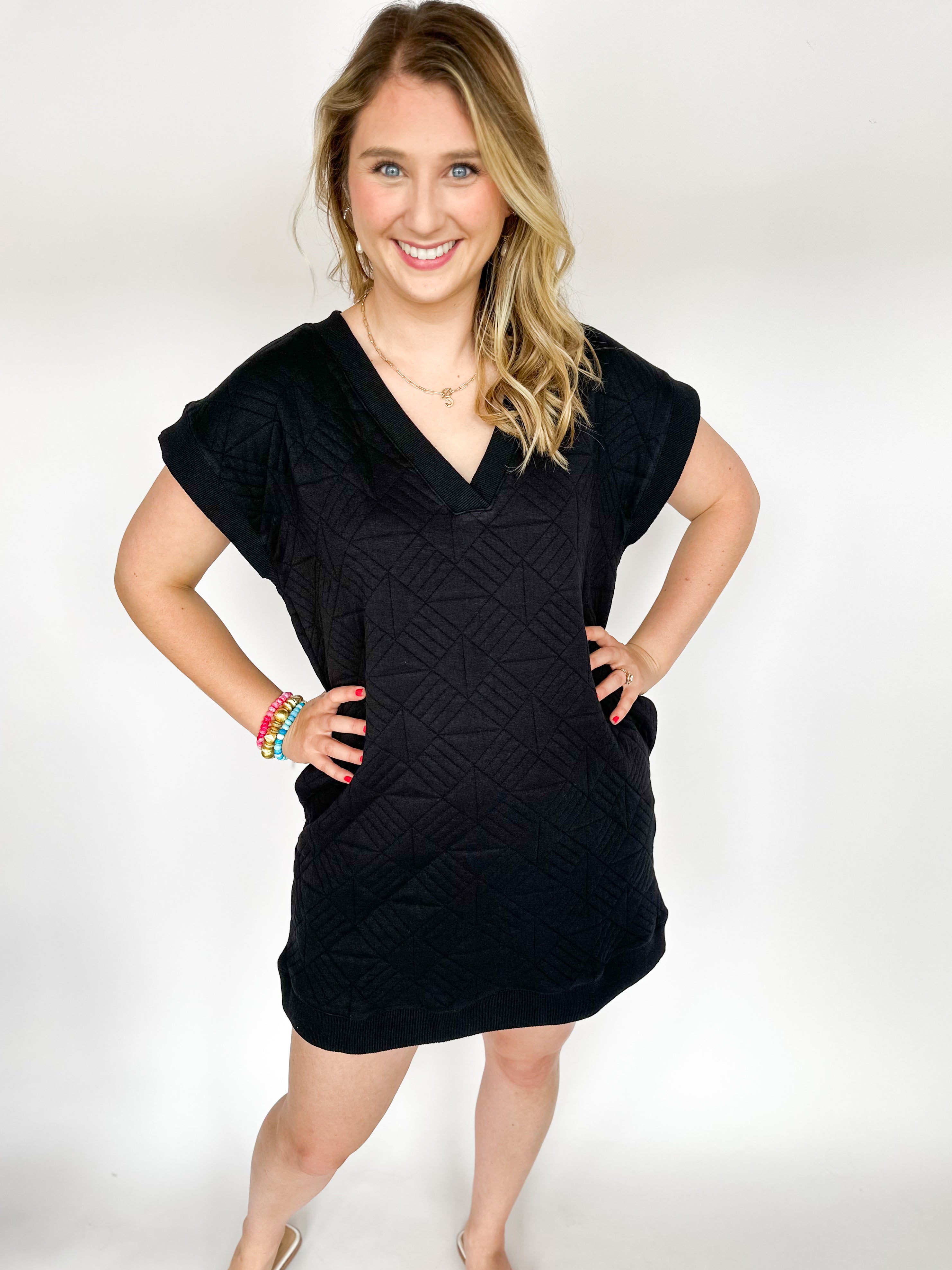 Textured V-Neck T-Shirt Mini Dress - Black-510 Mini-ENTRO-July & June Women's Fashion Boutique Located in San Antonio, Texas