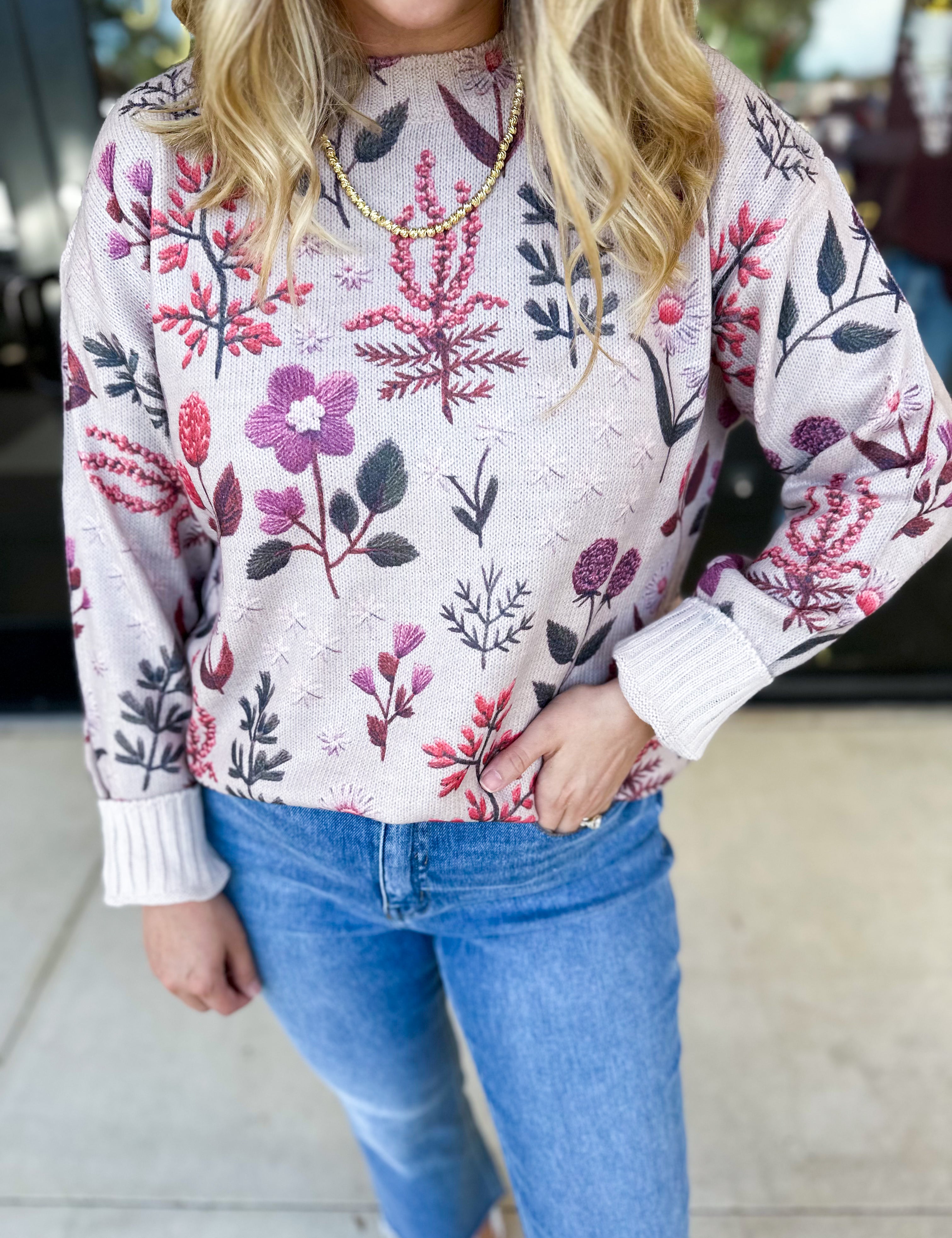 Whimsical Floral Knit Sweater-230 Sweaters/Cardis-ENTRO-July & June Women's Fashion Boutique Located in San Antonio, Texas