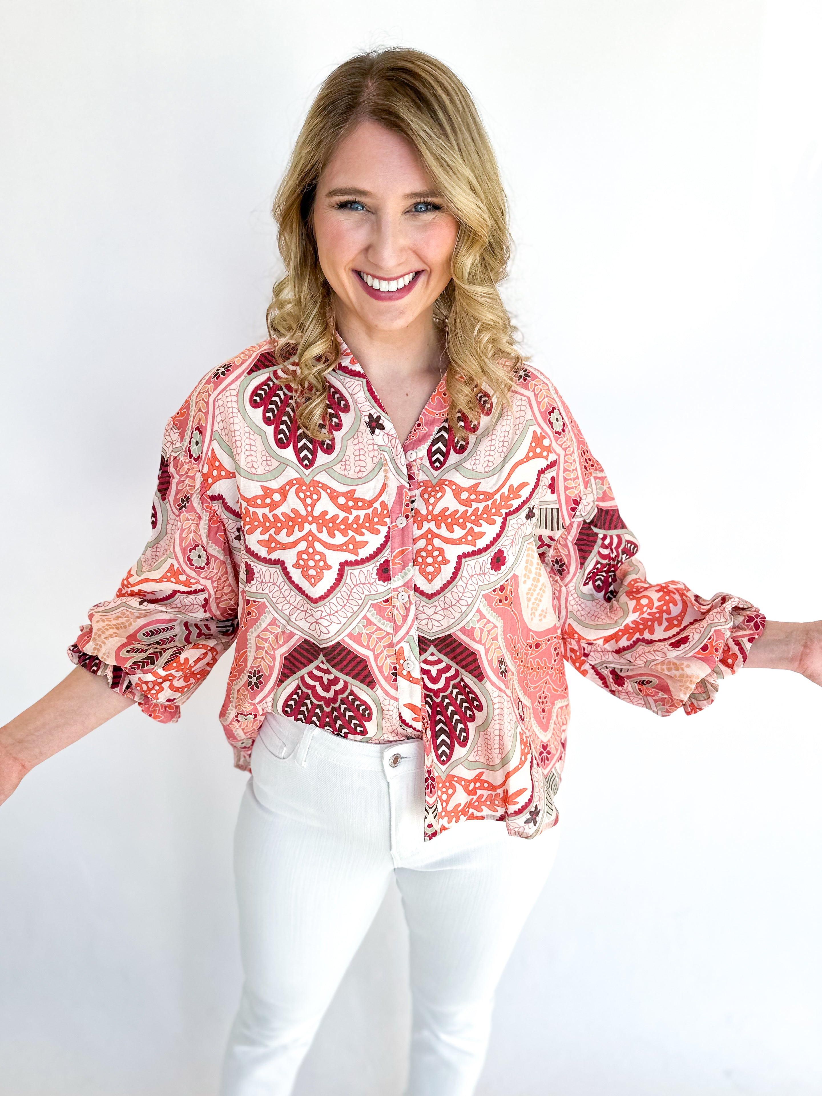 Coral & Pink Floral Blouse-200 Fashion Blouses-FATE-July & June Women's Fashion Boutique Located in San Antonio, Texas