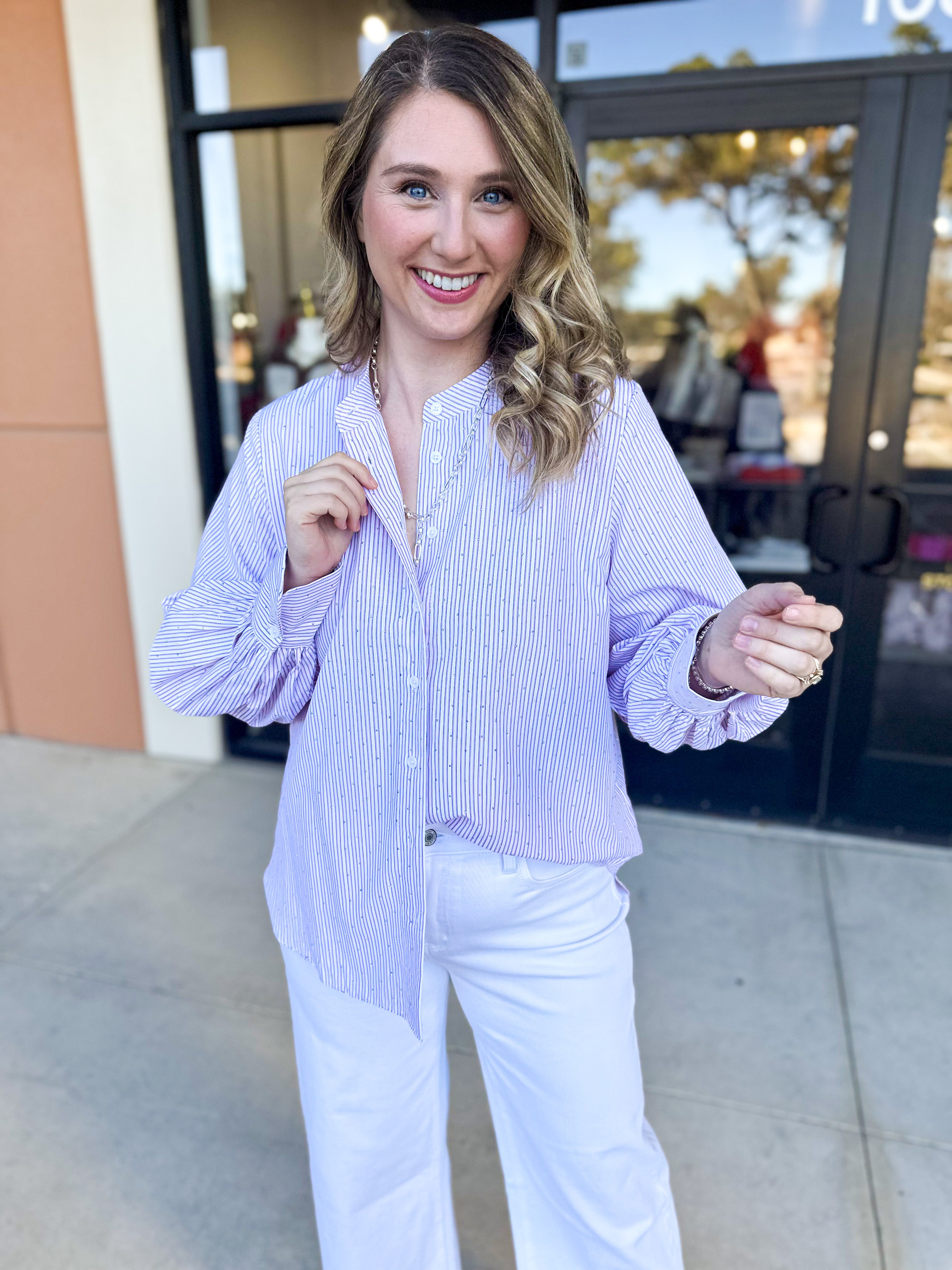 Current Air - Rhinestone Button Down Blouse - Light Pink-200 Fashion Blouses-CURRENT AIR CLOTHING-July & June Women's Fashion Boutique Located in San Antonio, Texas