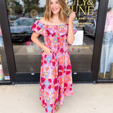 The Callie Floral Off The Shoulder Midi Dress-500 Midi-OLIVACEOUS-July & June Women's Fashion Boutique Located in San Antonio, Texas