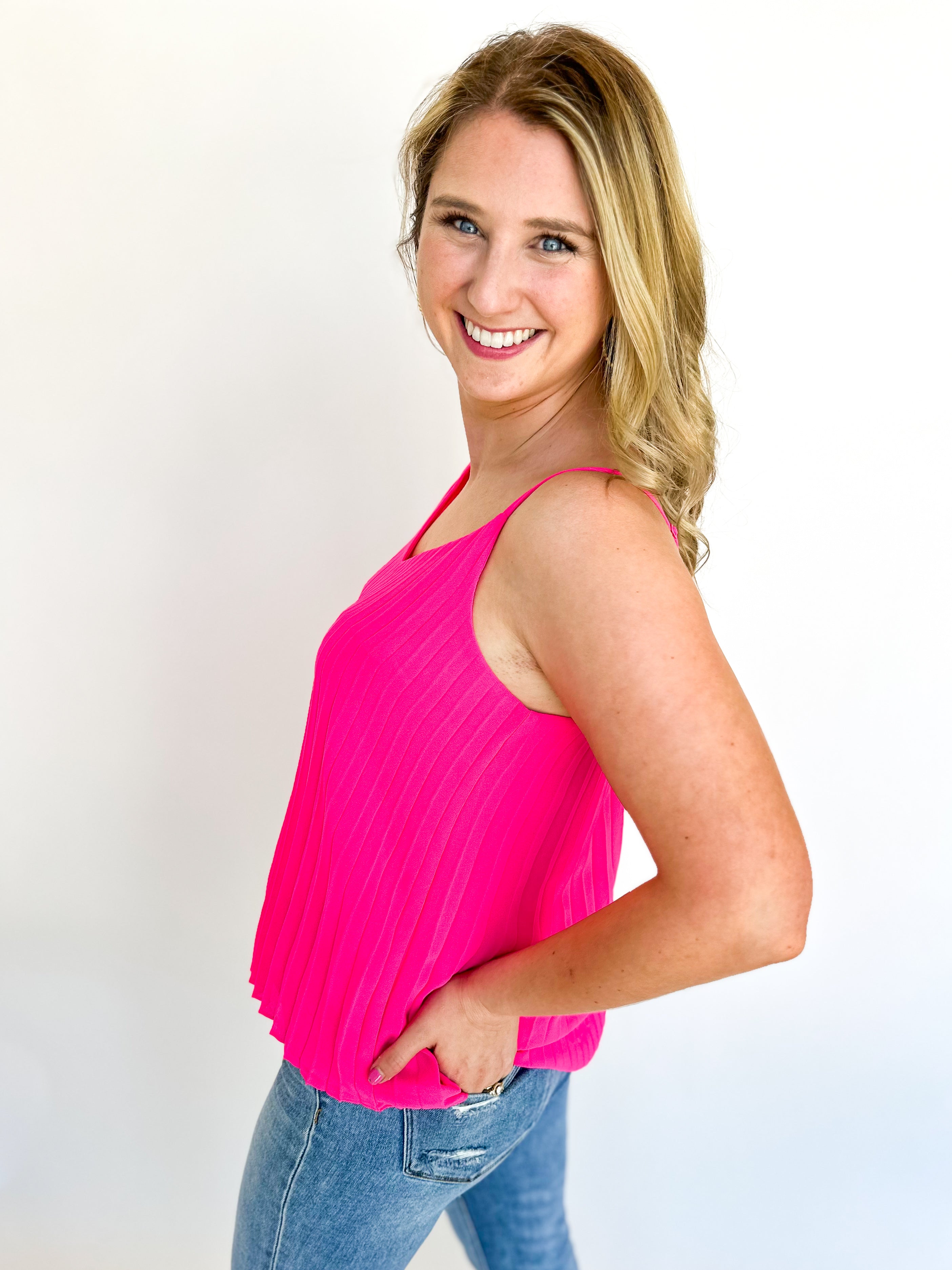 Pleated Cami - Pink-200 Fashion Blouses-SKIES ARE BLUE-July & June Women's Fashion Boutique Located in San Antonio, Texas