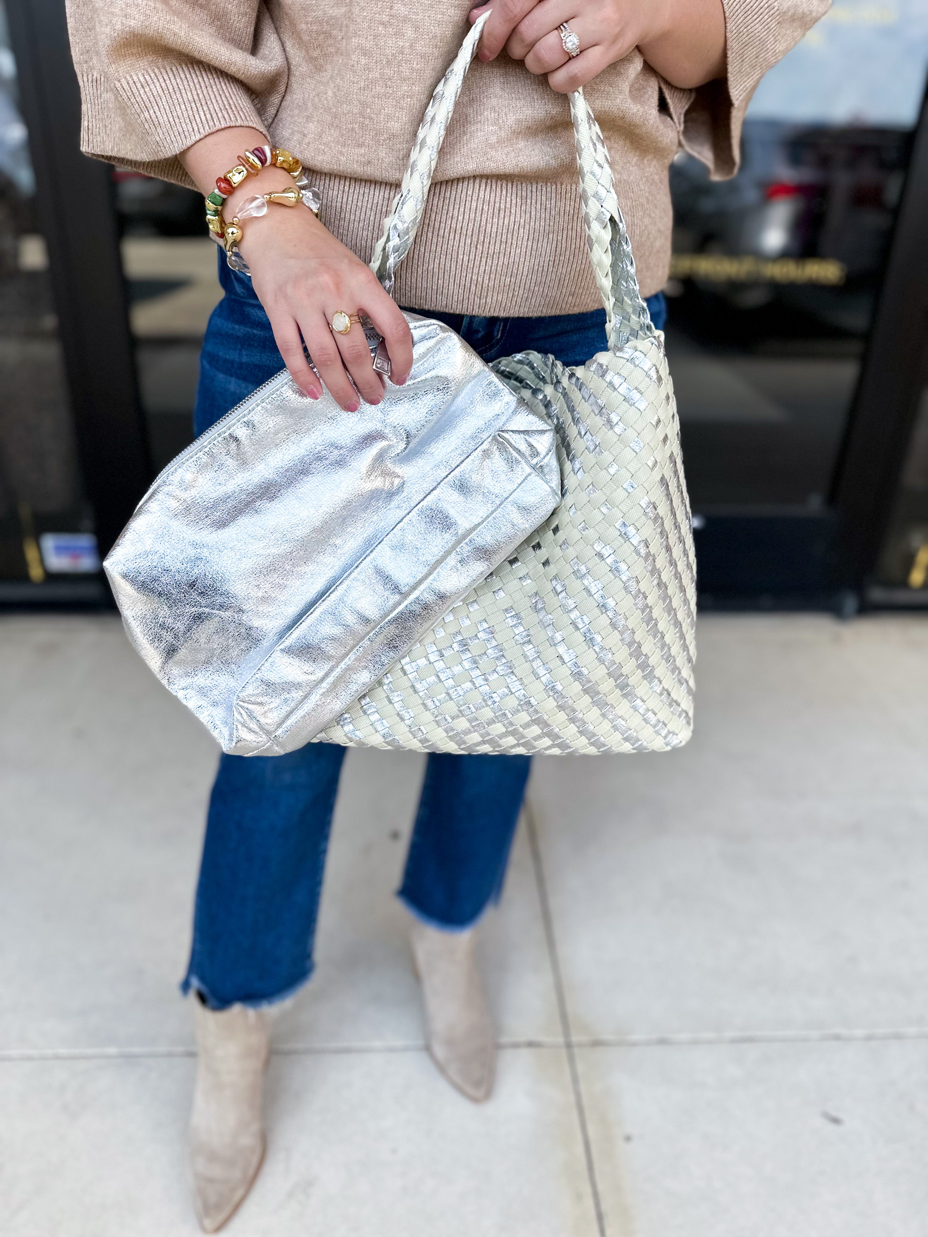 Ellery Mixed Woven Hobo Bag - Silver-130 ACCESSORIES-Moda Luxe-July & June Women's Fashion Boutique Located in San Antonio, Texas