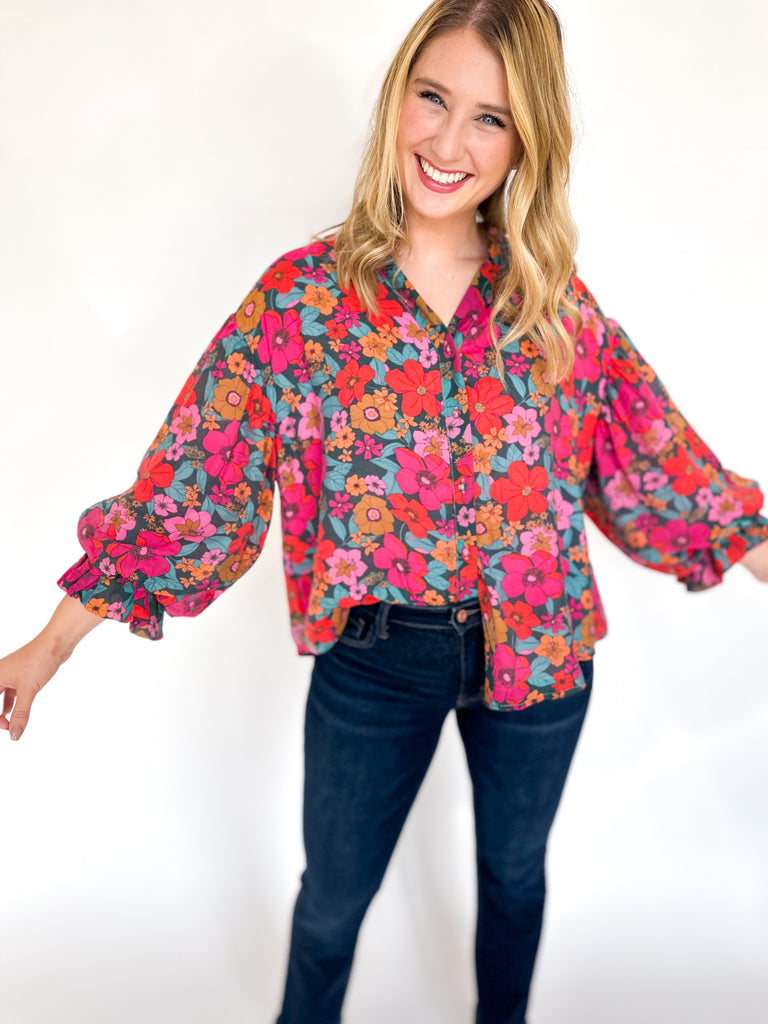 Groovy Floral Blouse-200 Fashion Blouses-FATE-July & June Women's Fashion Boutique Located in San Antonio, Texas