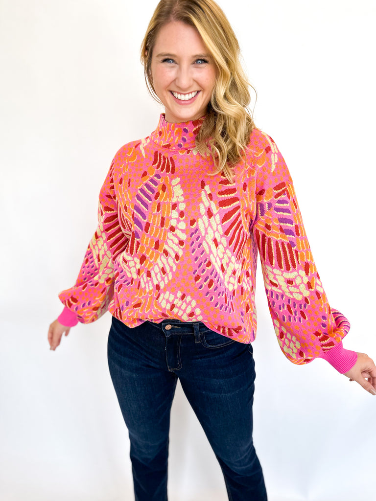 Pink Abstract High Neck Sweater-230 Sweaters/Cardis-FATE-July & June Women's Fashion Boutique Located in San Antonio, Texas