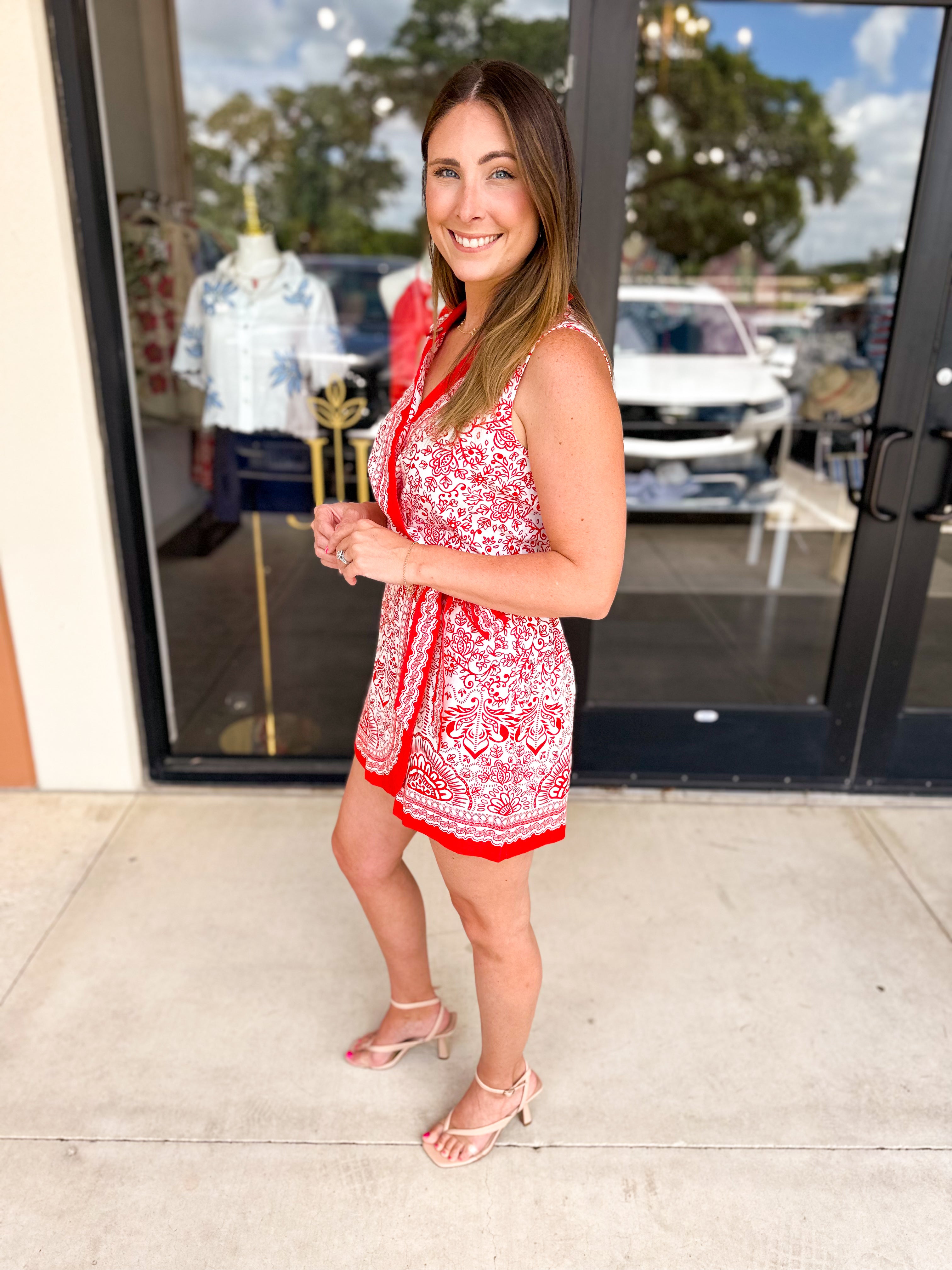Red Paisley Wrap Romper-510 Mini-SKIES ARE BLUE-July & June Women's Fashion Boutique Located in San Antonio, Texas