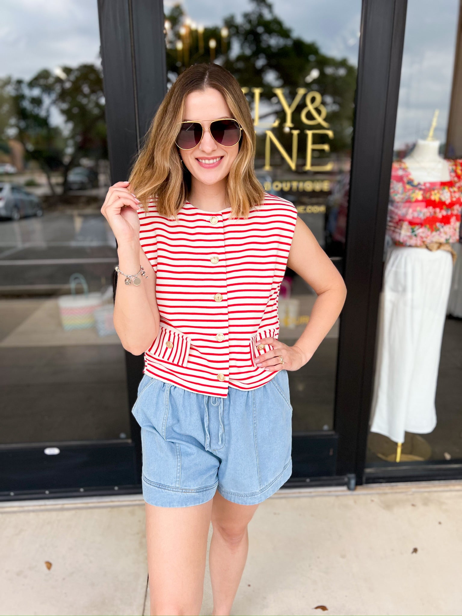 Trendy Red Stripe Vest-200 Fashion Blouses-ENTRO-July & June Women's Fashion Boutique Located in San Antonio, Texas