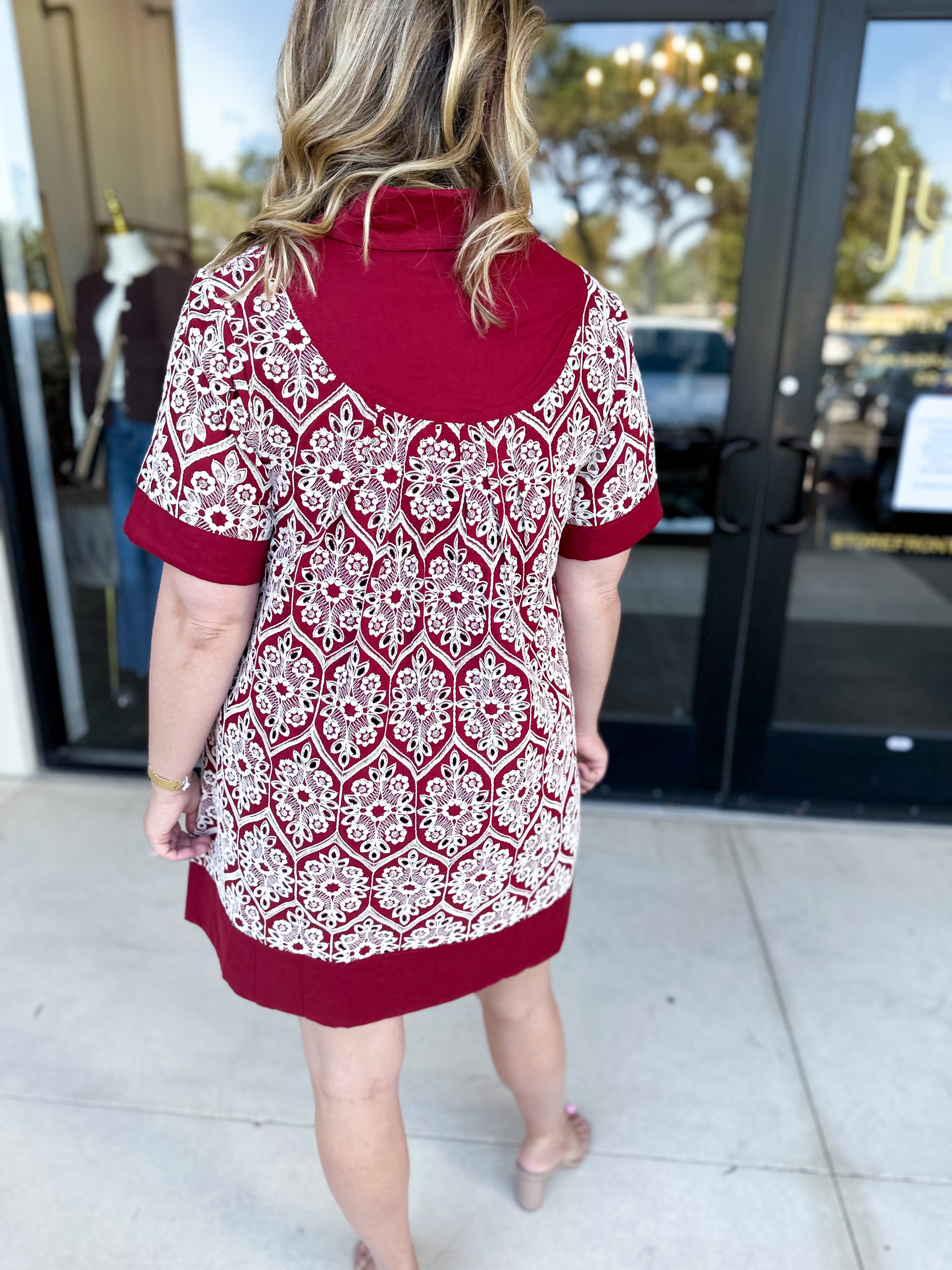 Burgundy Embroidered Mini Dress-510 Mini-ENTRO-July & June Women's Fashion Boutique Located in San Antonio, Texas