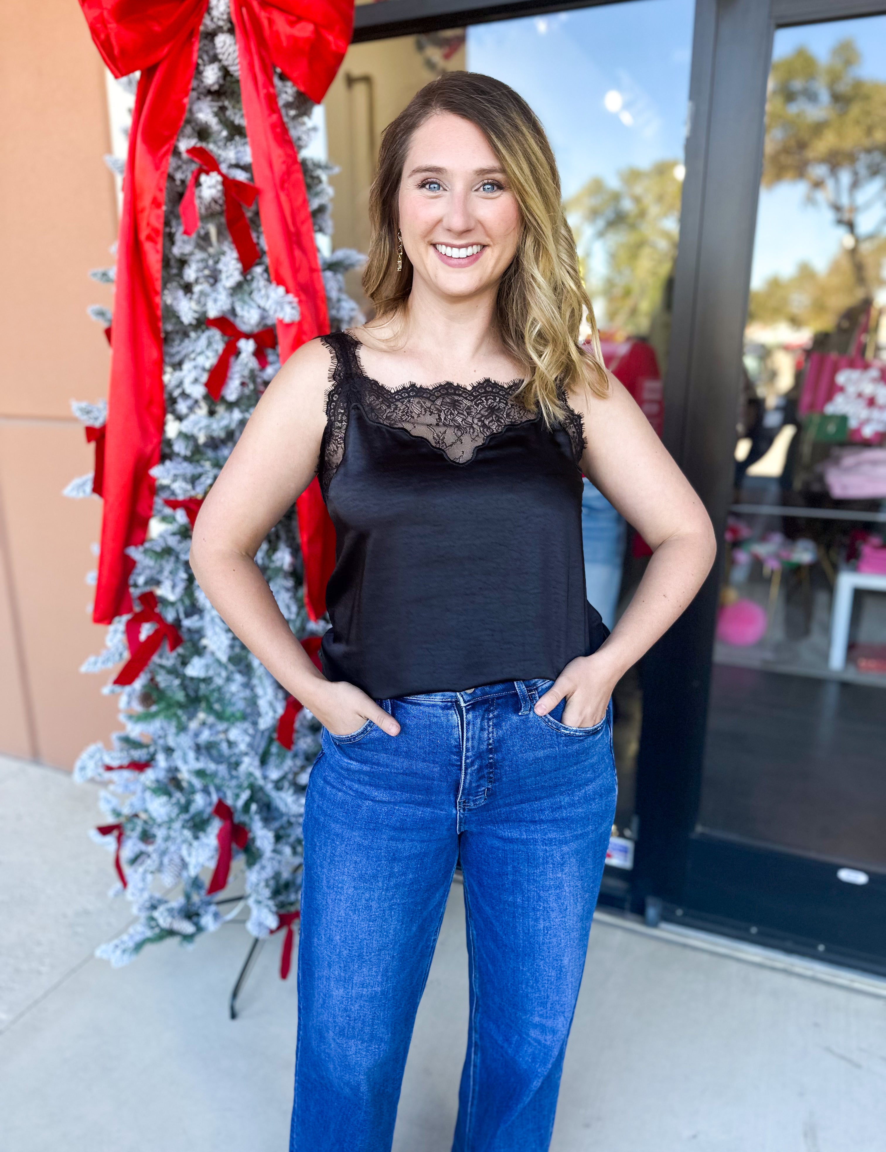 Satin Chic Cami - Black-200 Fashion Blouses-SKIES ARE BLUE-July & June Women's Fashion Boutique Located in San Antonio, Texas