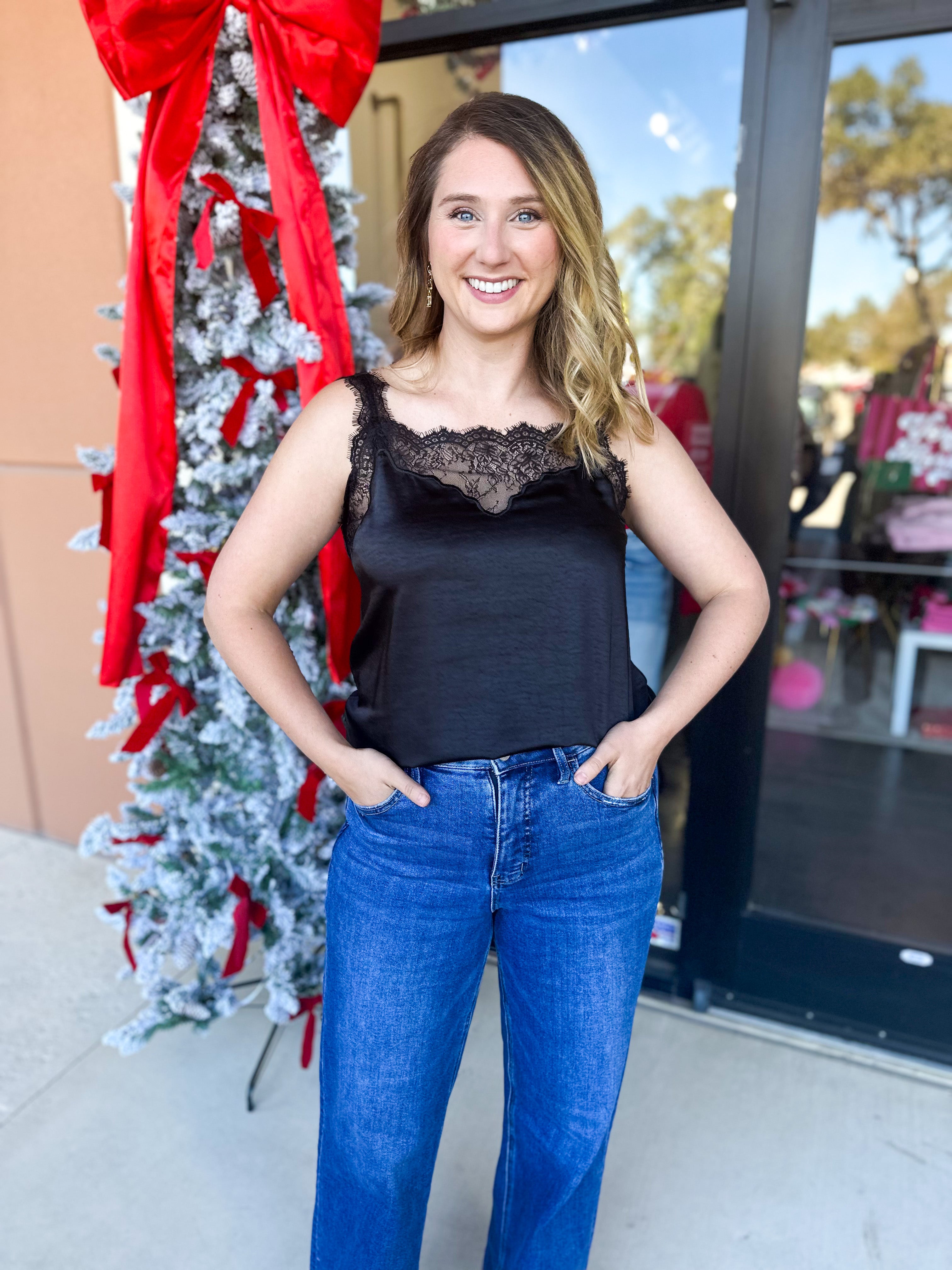 Satin Chic Cami - Black-200 Fashion Blouses-SKIES ARE BLUE-July & June Women's Fashion Boutique Located in San Antonio, Texas