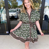 Olive & Chocolate Brown Floral Mini Dress-510 Mini-ENTRO-July & June Women's Fashion Boutique Located in San Antonio, Texas