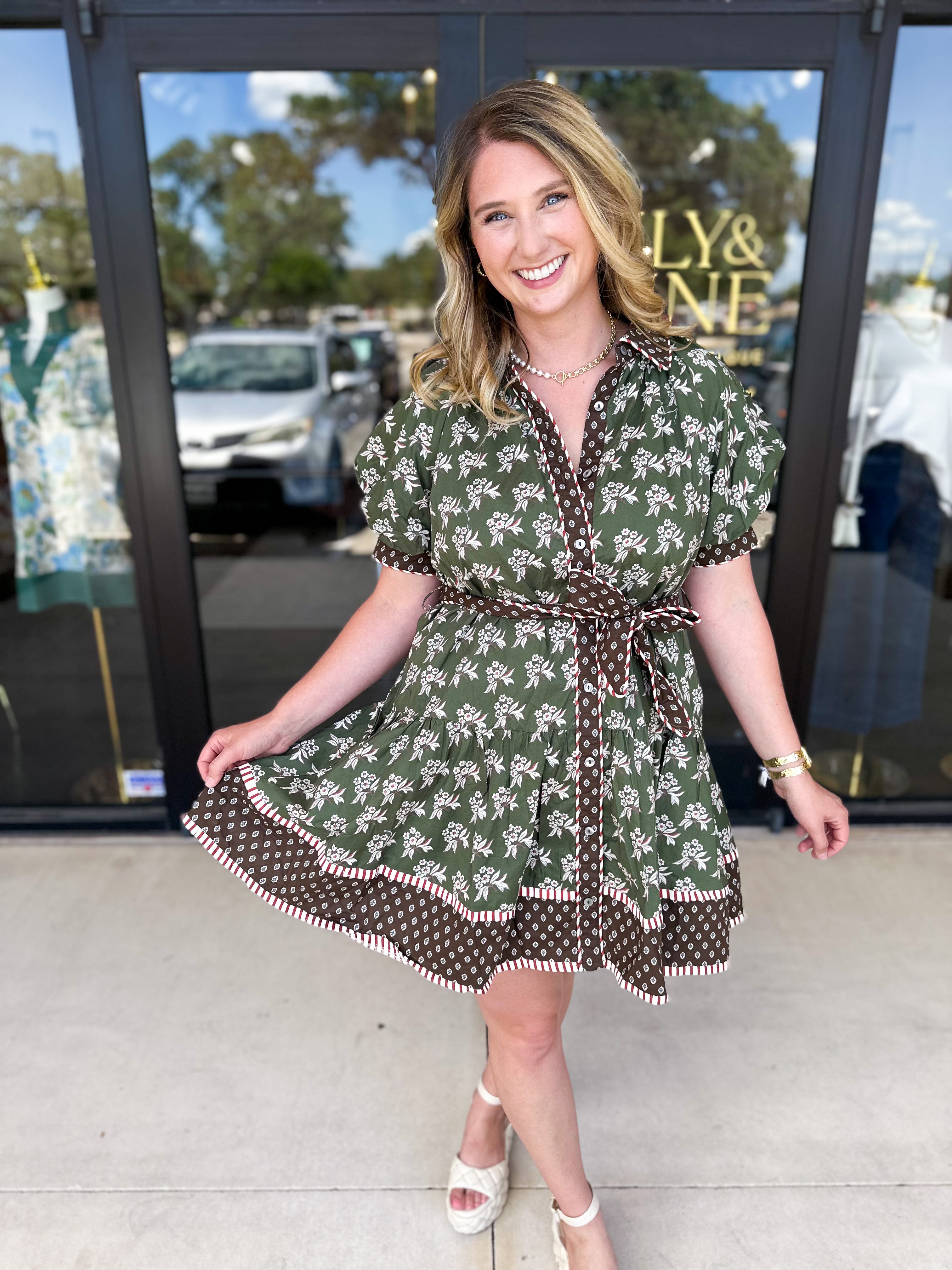 Olive & Chocolate Brown Floral Mini Dress-510 Mini-ENTRO-July & June Women's Fashion Boutique Located in San Antonio, Texas