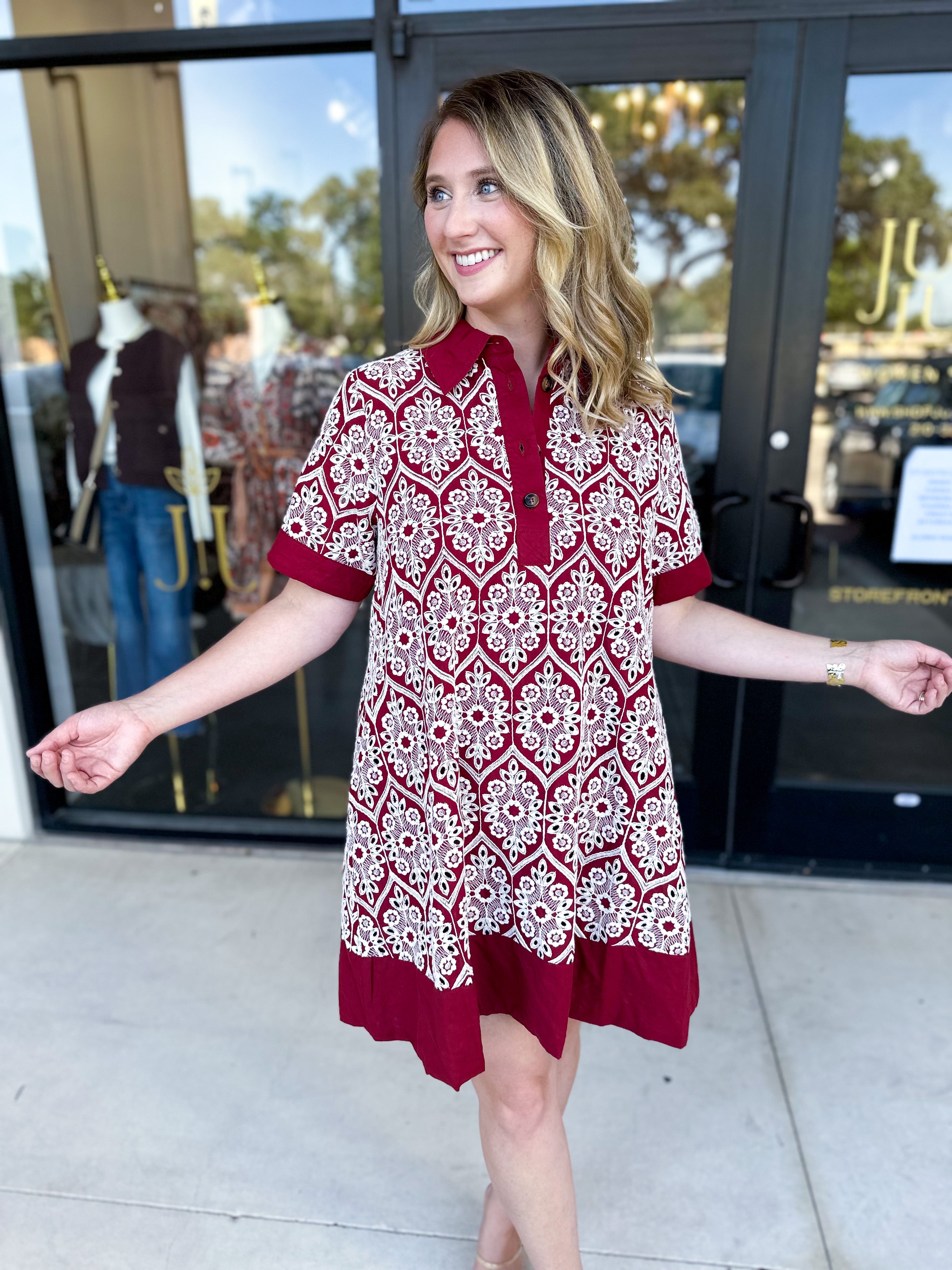 Burgundy Embroidered Mini Dress-510 Mini-ENTRO-July & June Women's Fashion Boutique Located in San Antonio, Texas