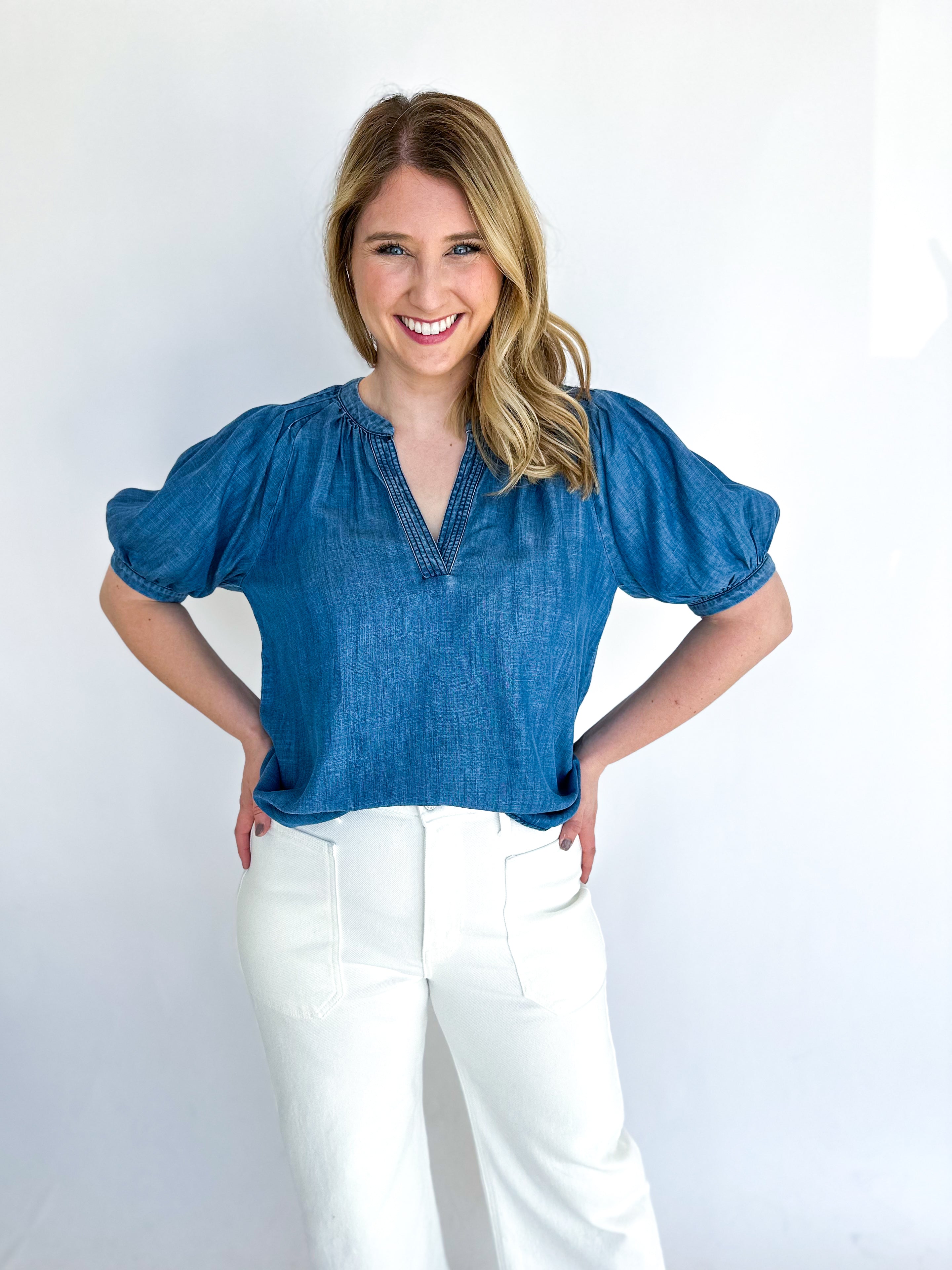 Classy Chambray Blouse-200 Fashion Blouses-CURRENT AIR CLOTHING-July & June Women's Fashion Boutique Located in San Antonio, Texas