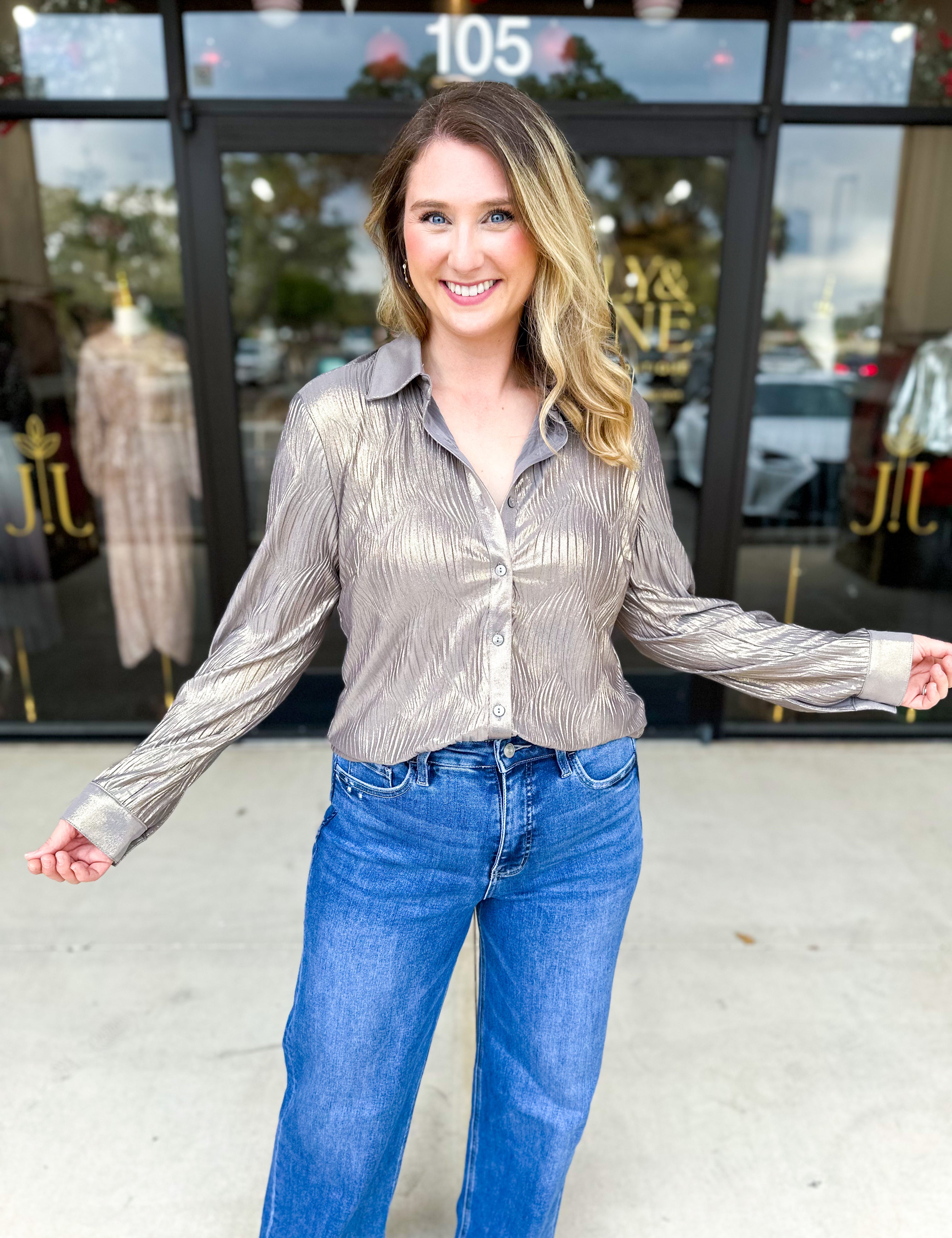 Shimmer Button Down Blouse - Champagne-200 Fashion Blouses-ALLIE ROSE-July & June Women's Fashion Boutique Located in San Antonio, Texas