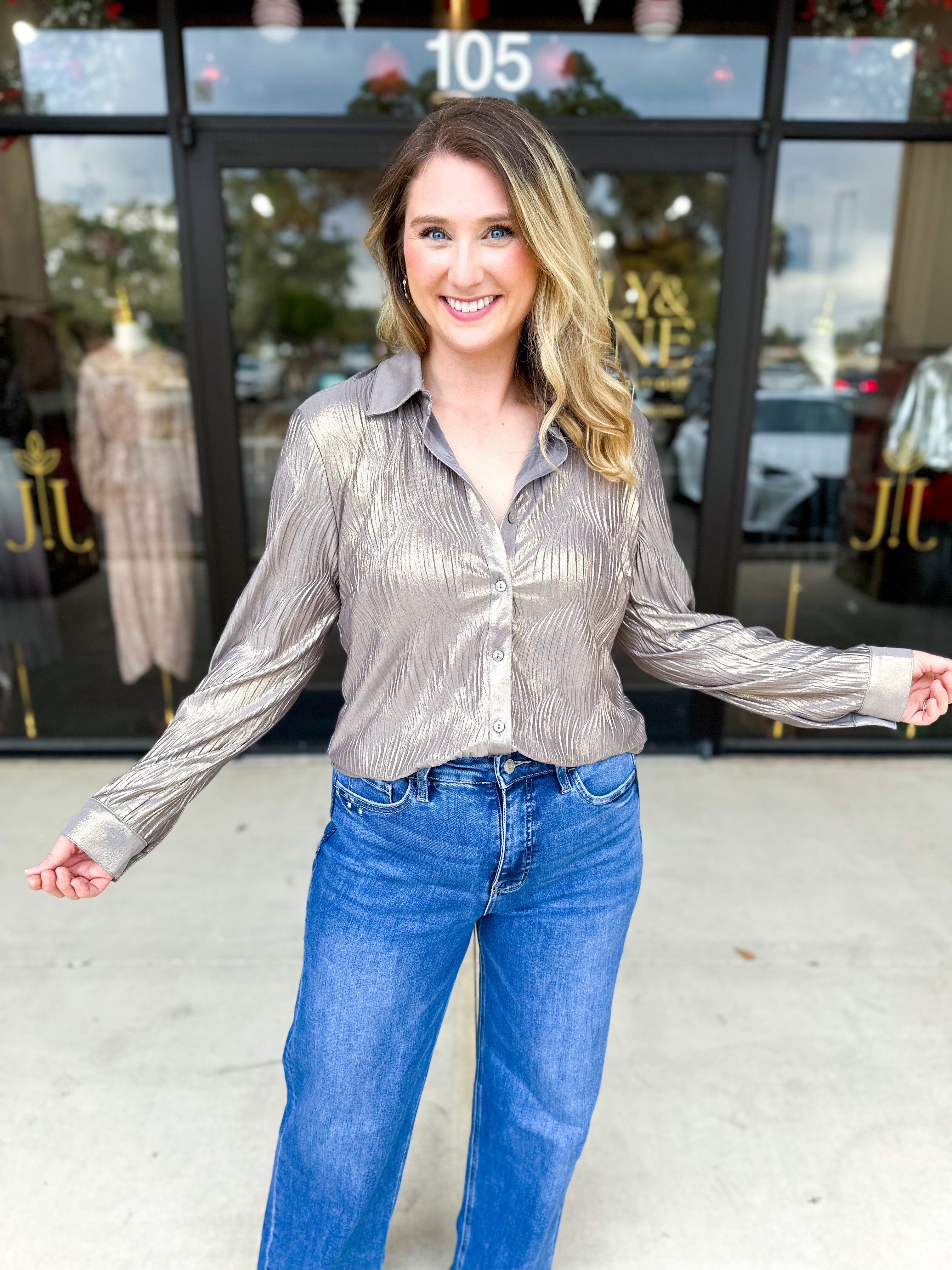 Shimmer Button Down Blouse - Champagne-200 Fashion Blouses-ALLIE ROSE-July & June Women's Fashion Boutique Located in San Antonio, Texas