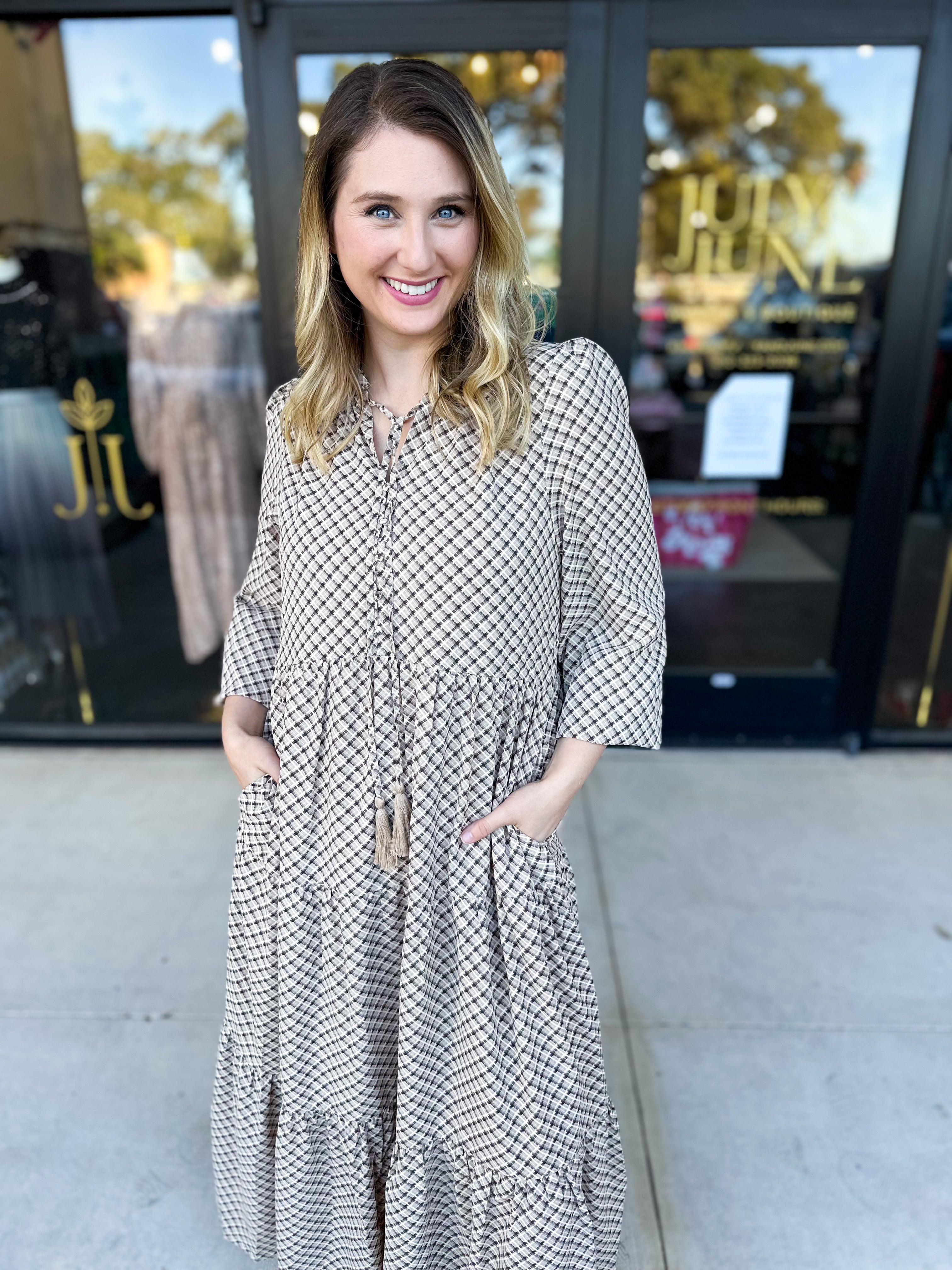Taupe & Black Midi Dress-500 Midi-POLOGRAM-July & June Women's Fashion Boutique Located in San Antonio, Texas