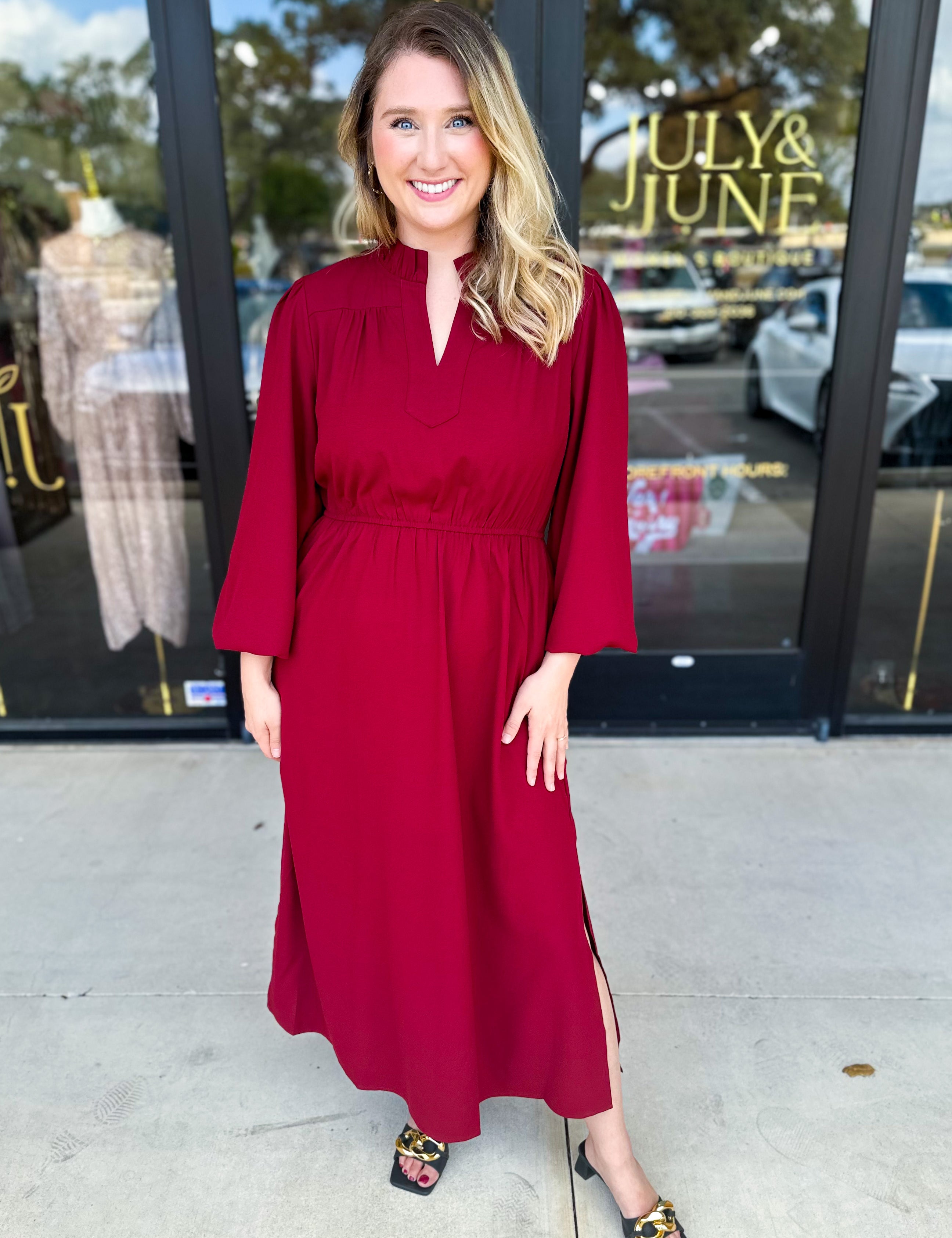 Classic Midi Dress - Deep Red-500 Midi-JODIFL-July & June Women's Fashion Boutique Located in San Antonio, Texas