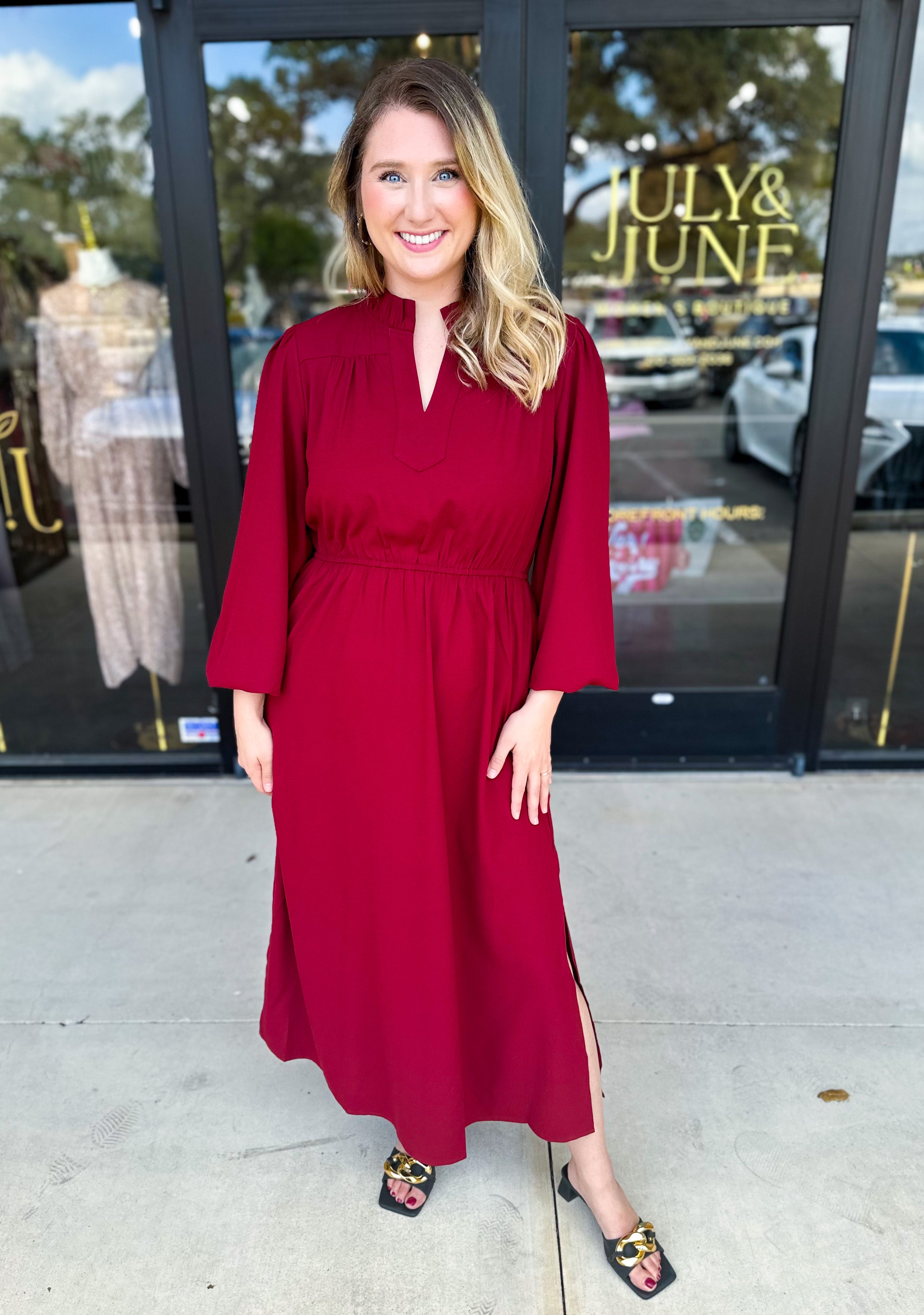 Classic Midi Dress - Deep Red-500 Midi-JODIFL-July & June Women's Fashion Boutique Located in San Antonio, Texas