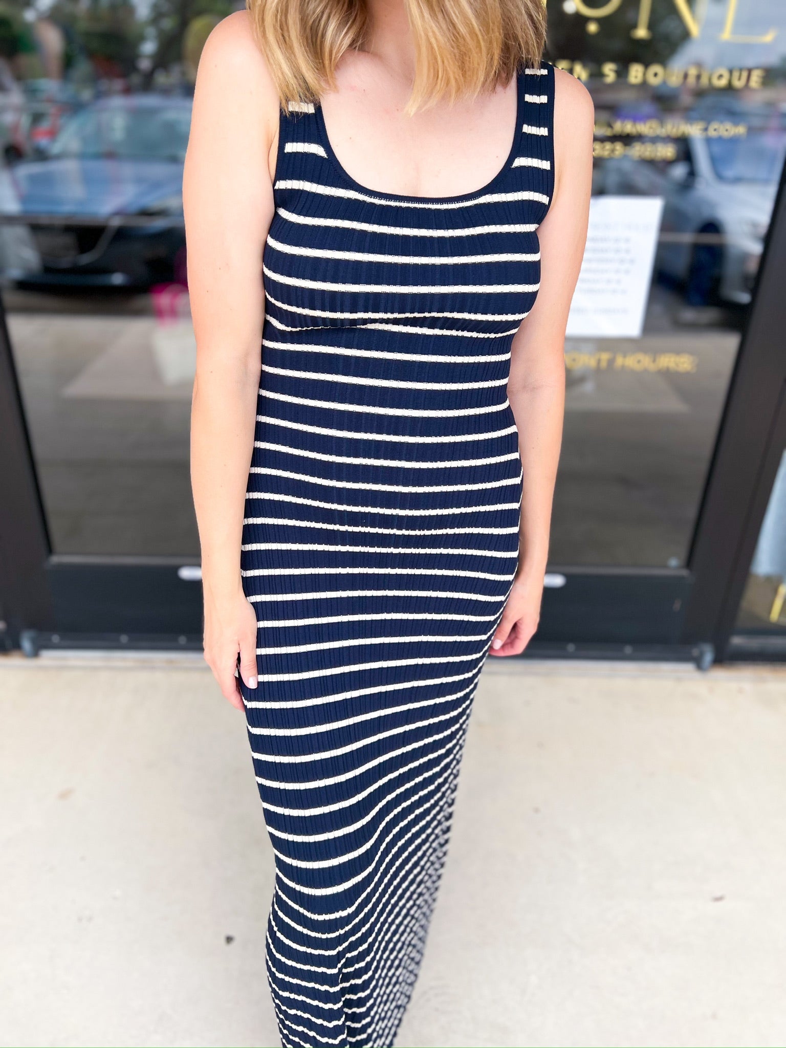 Navy Knit Midi Dress-500 Midi-SKIES ARE BLUE-July & June Women's Fashion Boutique Located in San Antonio, Texas