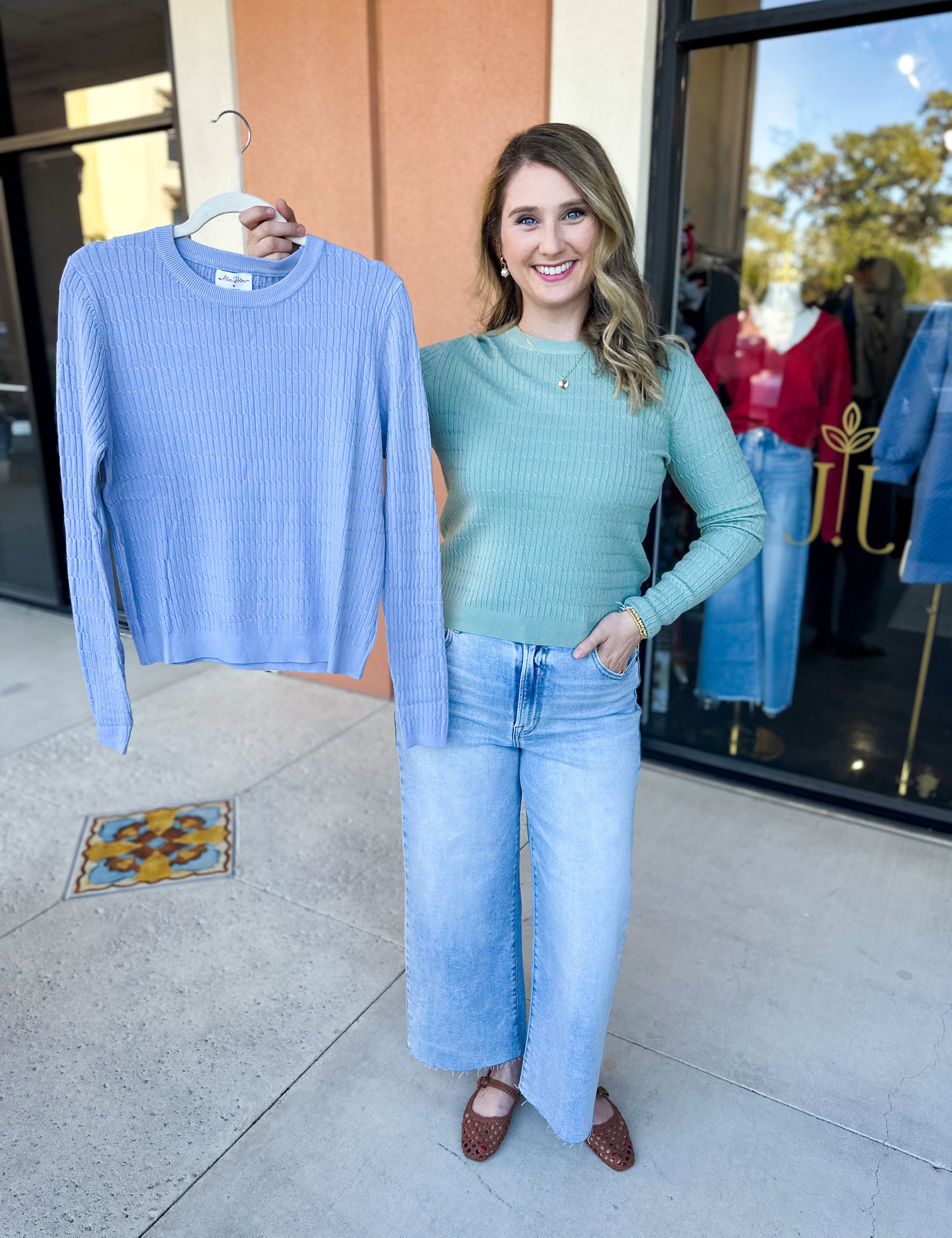 Tailored Cable Knit Sweater Top - Soft Blue-230 Sweaters/Cardis-ALLIE ROSE-July & June Women's Fashion Boutique Located in San Antonio, Texas