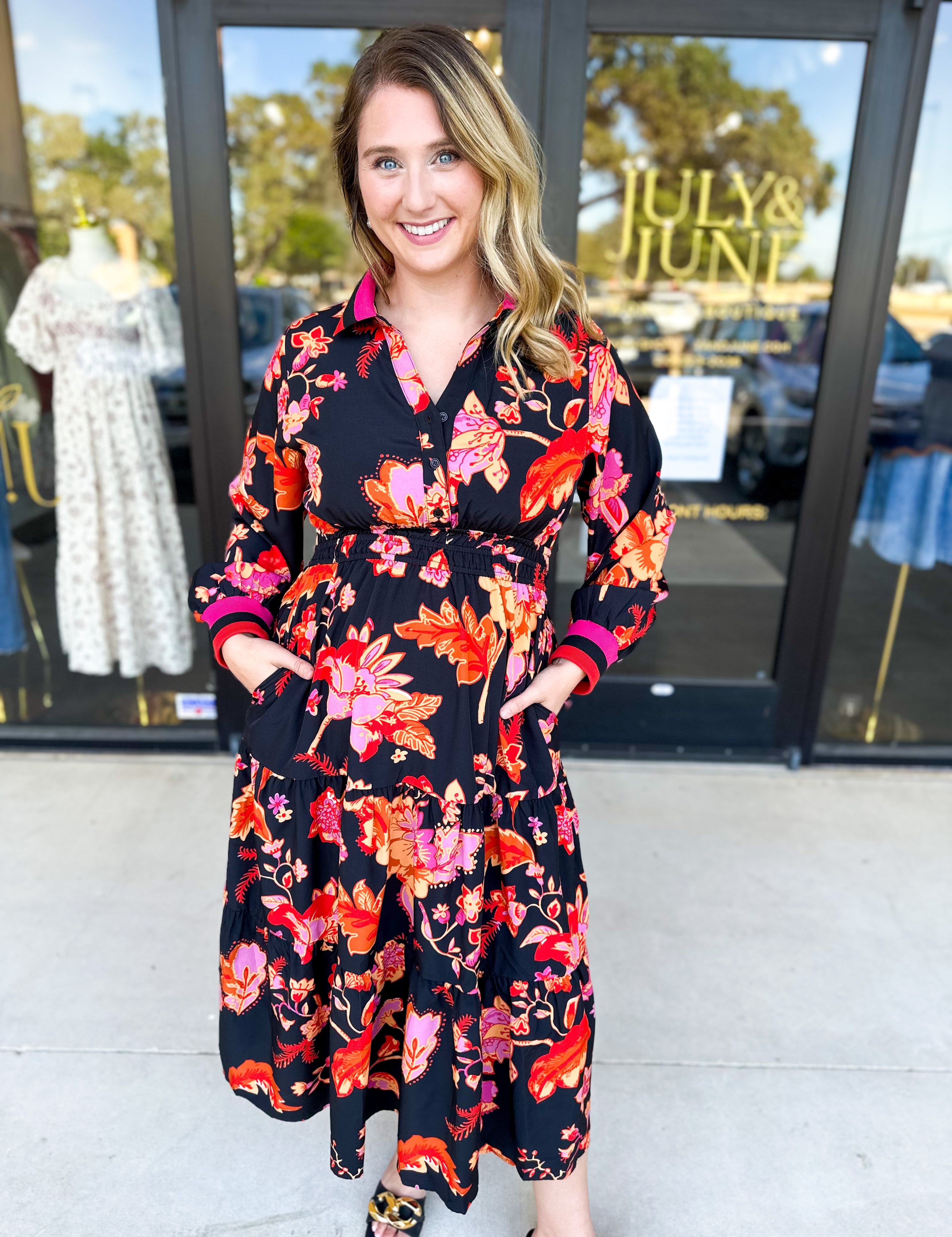 Bold Paisley Floral Print Midi Dress-500 Midi-JODIFL-July & June Women's Fashion Boutique Located in San Antonio, Texas