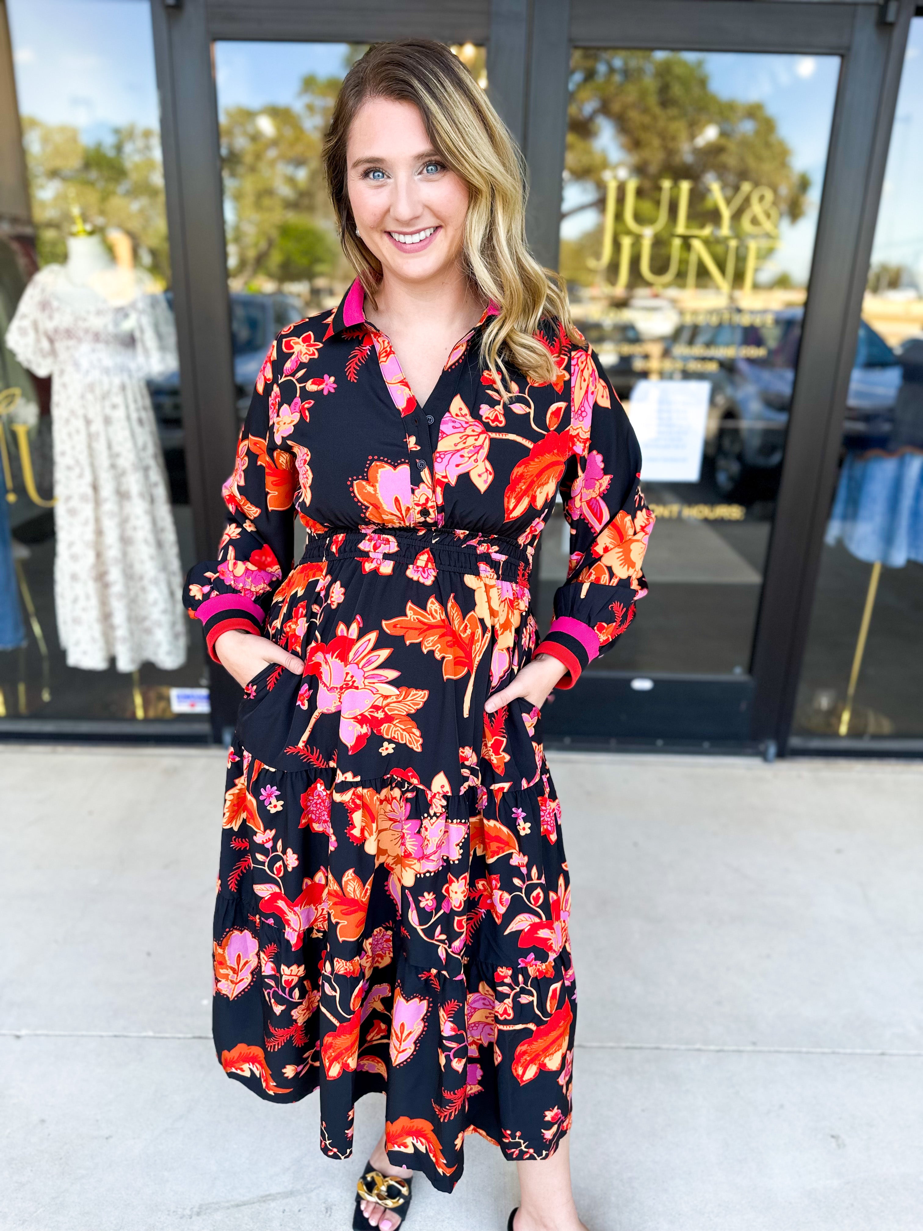 Bold Paisley Floral Print Midi Dress-500 Midi-JODIFL-July & June Women's Fashion Boutique Located in San Antonio, Texas