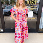 The Callie Floral Off The Shoulder Midi Dress-500 Midi-OLIVACEOUS-July & June Women's Fashion Boutique Located in San Antonio, Texas