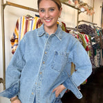Washed Denim Button Down Shirt - Light Wash-200 Fashion Blouses-BLUIVY-July & June Women's Fashion Boutique Located in San Antonio, Texas