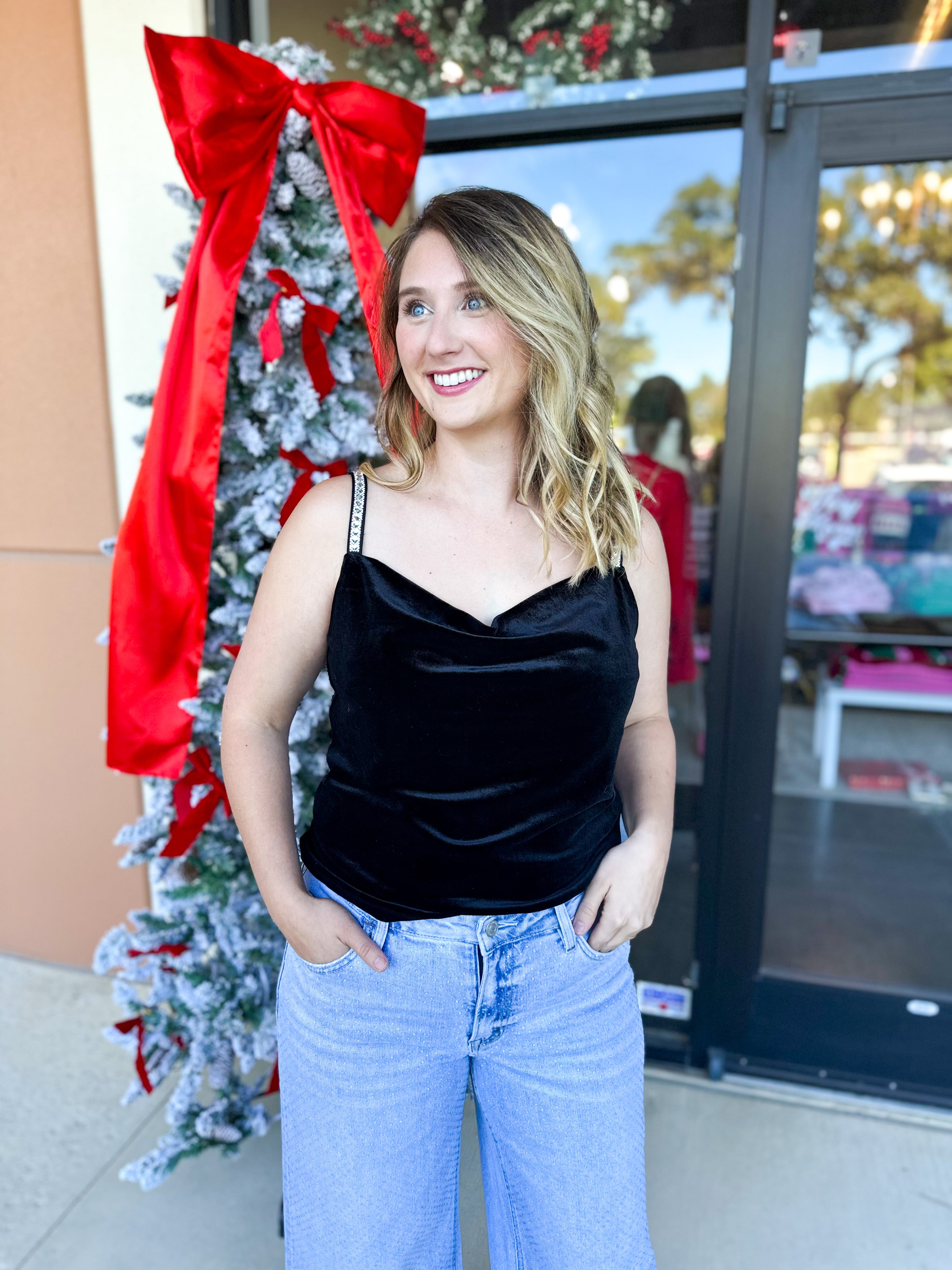 Velvet & Rhinestone Cami-200 Fashion Blouses-SKIES ARE BLUE-July & June Women's Fashion Boutique Located in San Antonio, Texas