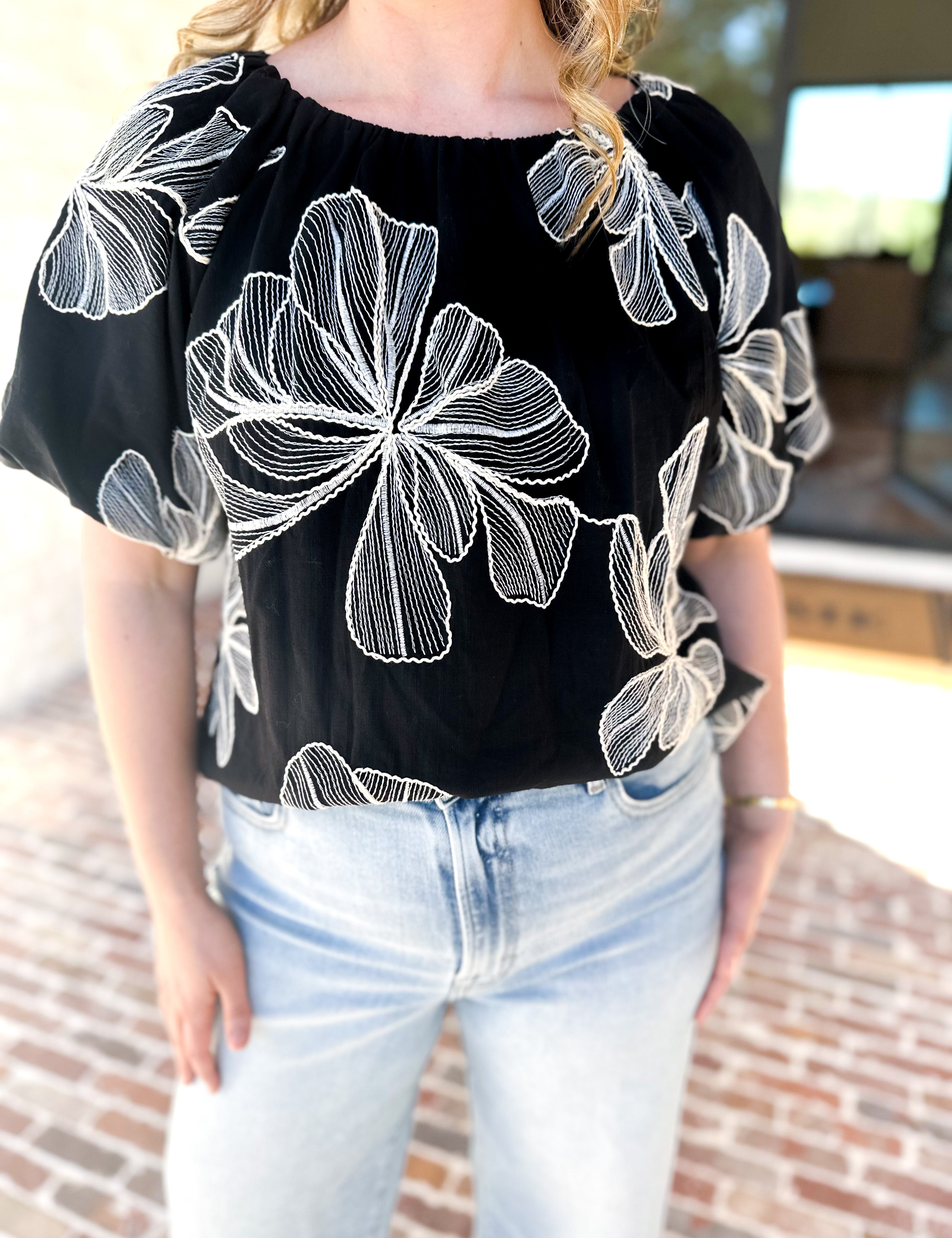 THML - Black & White Flower Power Blouse-200 Fashion Blouses-THML-July & June Women's Fashion Boutique Located in San Antonio, Texas