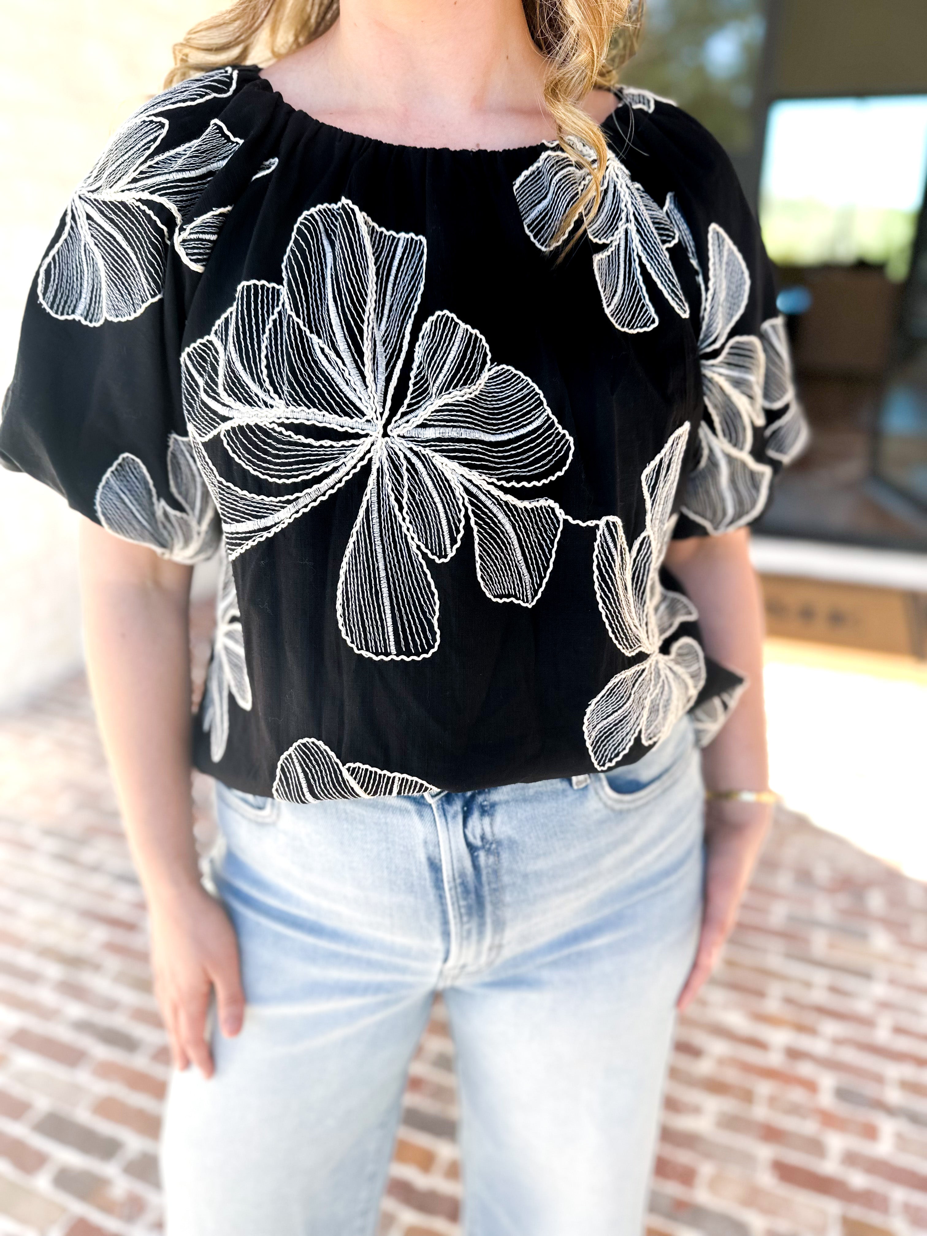 THML - Black & White Flower Power Blouse-200 Fashion Blouses-THML-July & June Women's Fashion Boutique Located in San Antonio, Texas