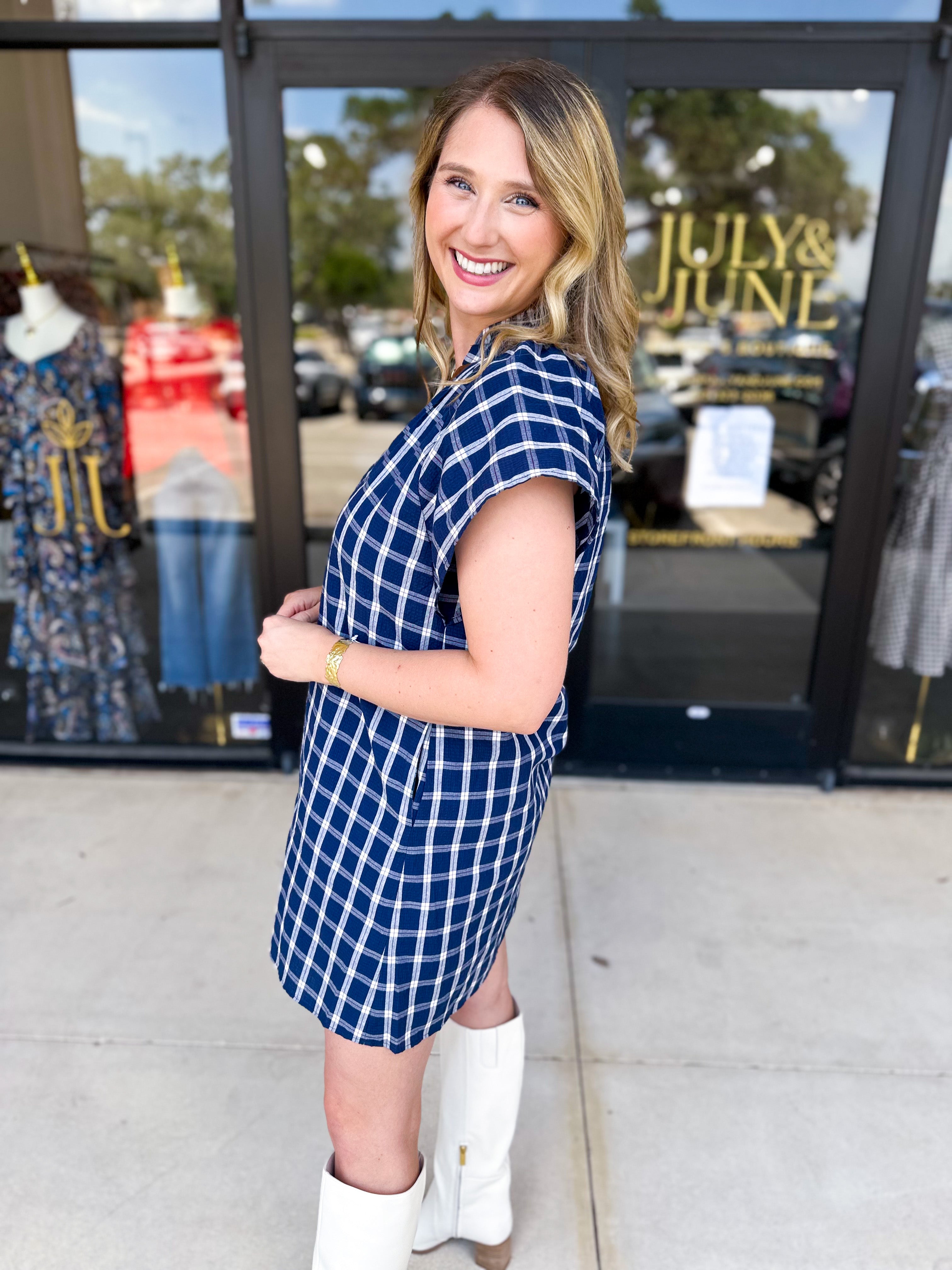 THML - Navy Plaid Mini Dress-510 Mini-THML-July & June Women's Fashion Boutique Located in San Antonio, Texas