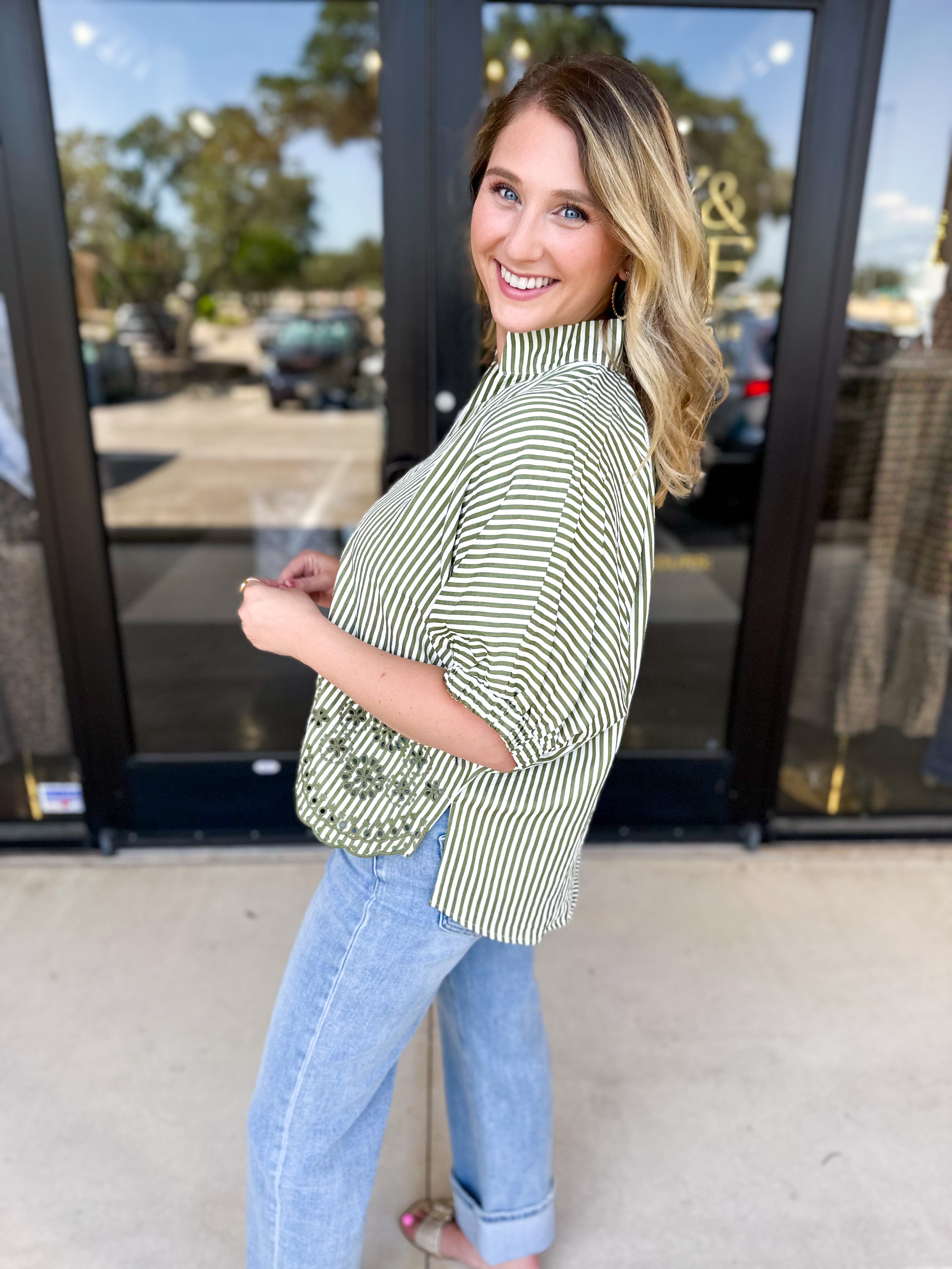 Floral Crochet Oversized Blouse - Olive-200 Fashion Blouses-ENTRO-July & June Women's Fashion Boutique Located in San Antonio, Texas