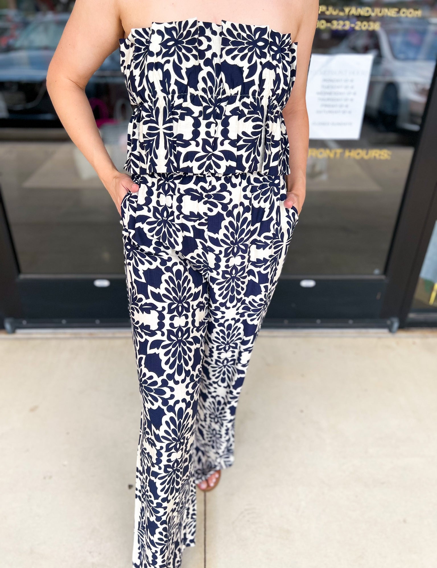 Navy Jumpsuit-500 Midi-SKIES ARE BLUE-July & June Women's Fashion Boutique Located in San Antonio, Texas