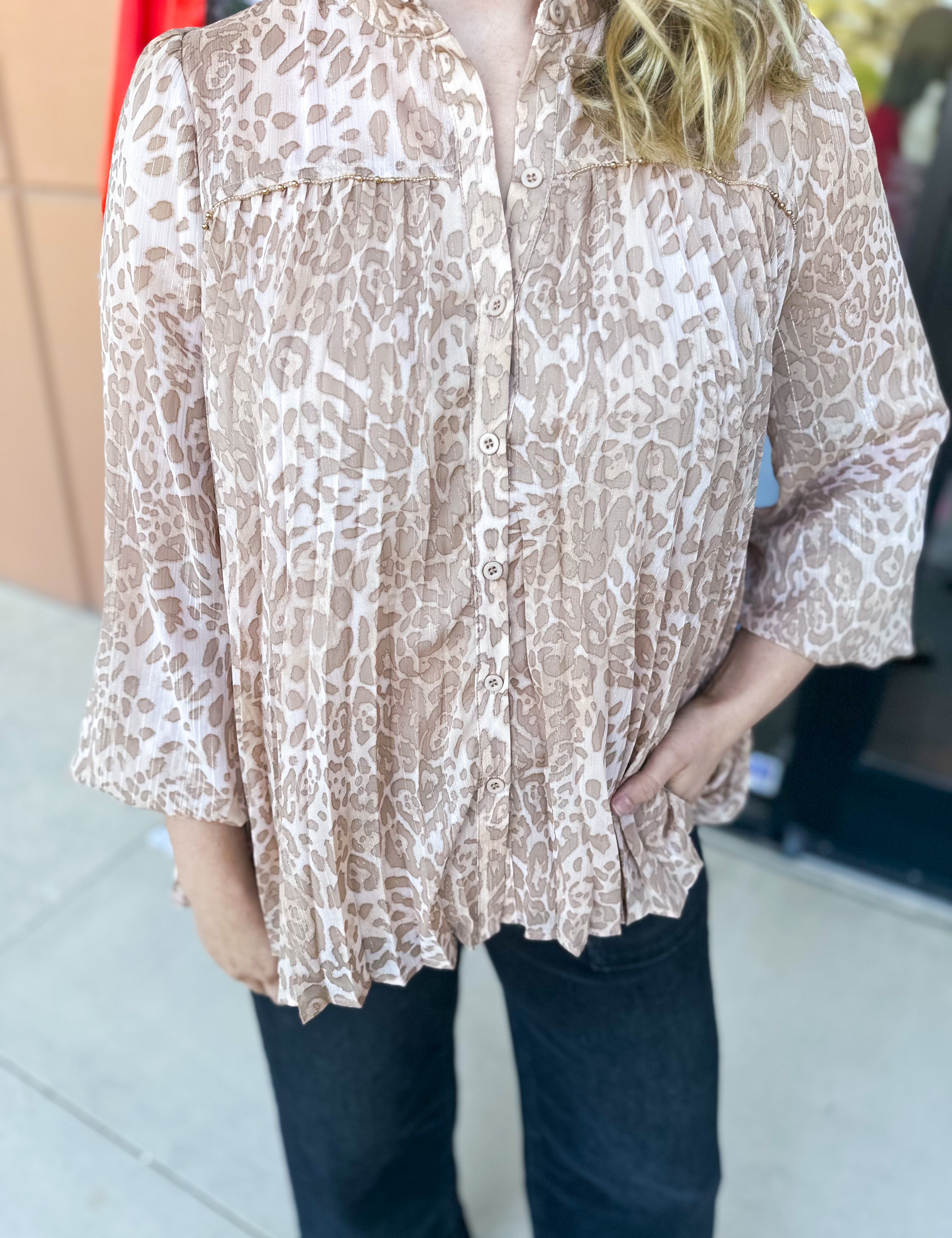 Champagne Cheetah Blouse-200 Fashion Blouses-FATE-July & June Women's Fashion Boutique Located in San Antonio, Texas