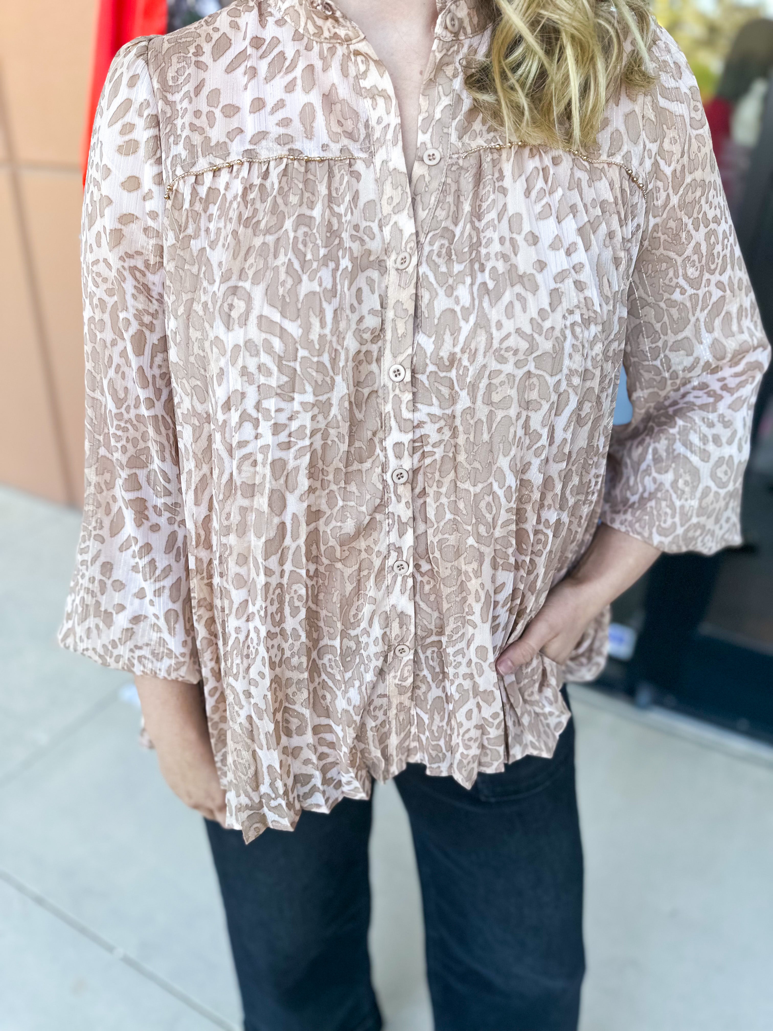 Champagne Cheetah Blouse-200 Fashion Blouses-FATE-July & June Women's Fashion Boutique Located in San Antonio, Texas