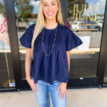 Navy Flutter Blouse-200 Fashion Blouses-PINCH-July & June Women's Fashion Boutique Located in San Antonio, Texas