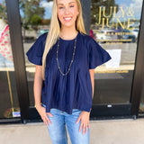 Navy Flutter Blouse-200 Fashion Blouses-PINCH-July & June Women's Fashion Boutique Located in San Antonio, Texas