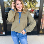 Olive & Denim Details Long Sleeve Top-210 Casual Blouses-JODIFL-July & June Women's Fashion Boutique Located in San Antonio, Texas