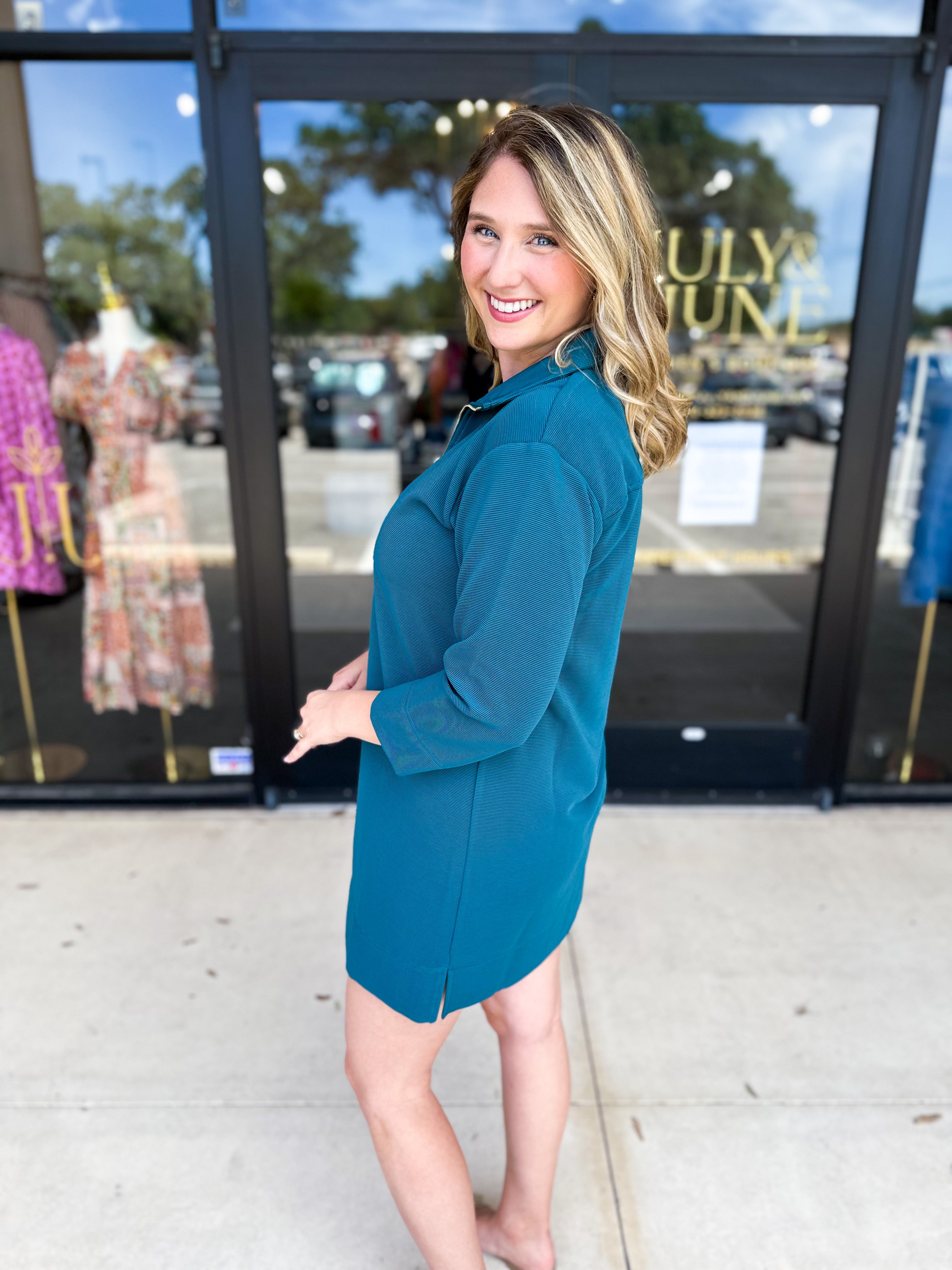 Mary Square - Raven Zip Mini Dress - Teal-510 Mini-MARY SQUARE-July & June Women's Fashion Boutique Located in San Antonio, Texas