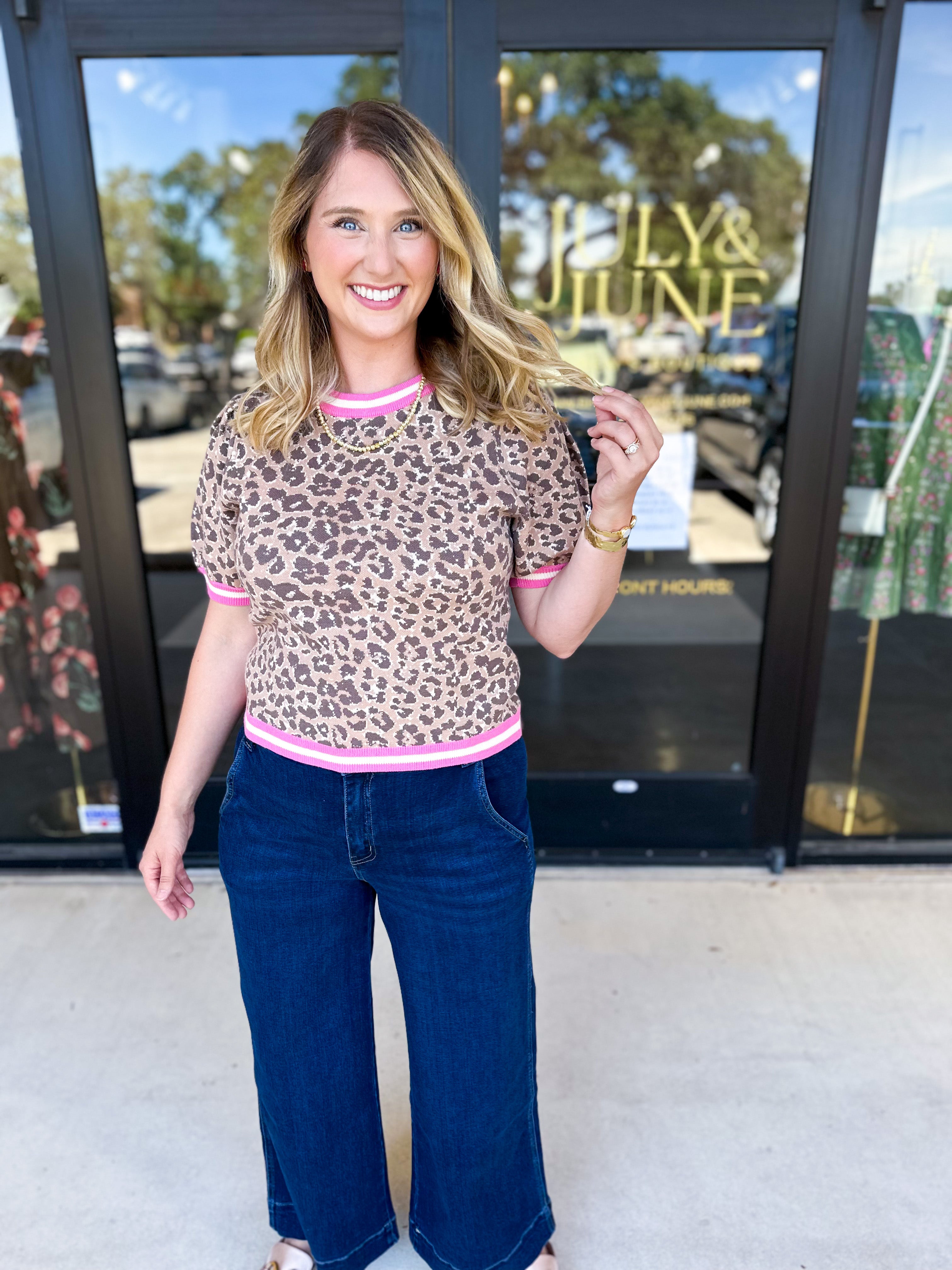 Varsity Leopard Sweater Top - Pink-210 Casual Blouses-ENTRO-July & June Women's Fashion Boutique Located in San Antonio, Texas